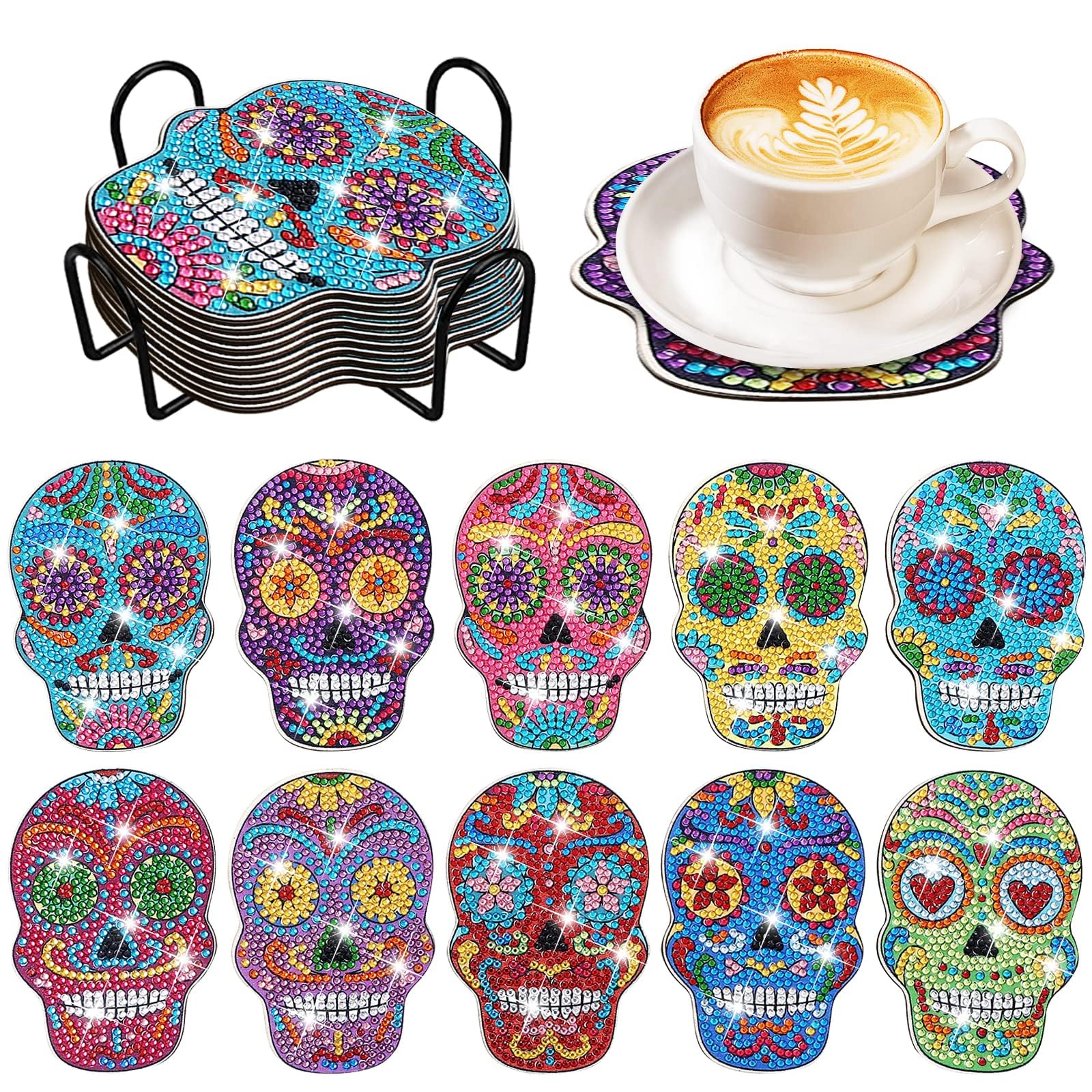 YLOLUL YLOLUL 10 Pcs Skull Shaped Diamond Painting Coasters DIY Kits for Beginners Adults Kids Art Craft Supplies Gift