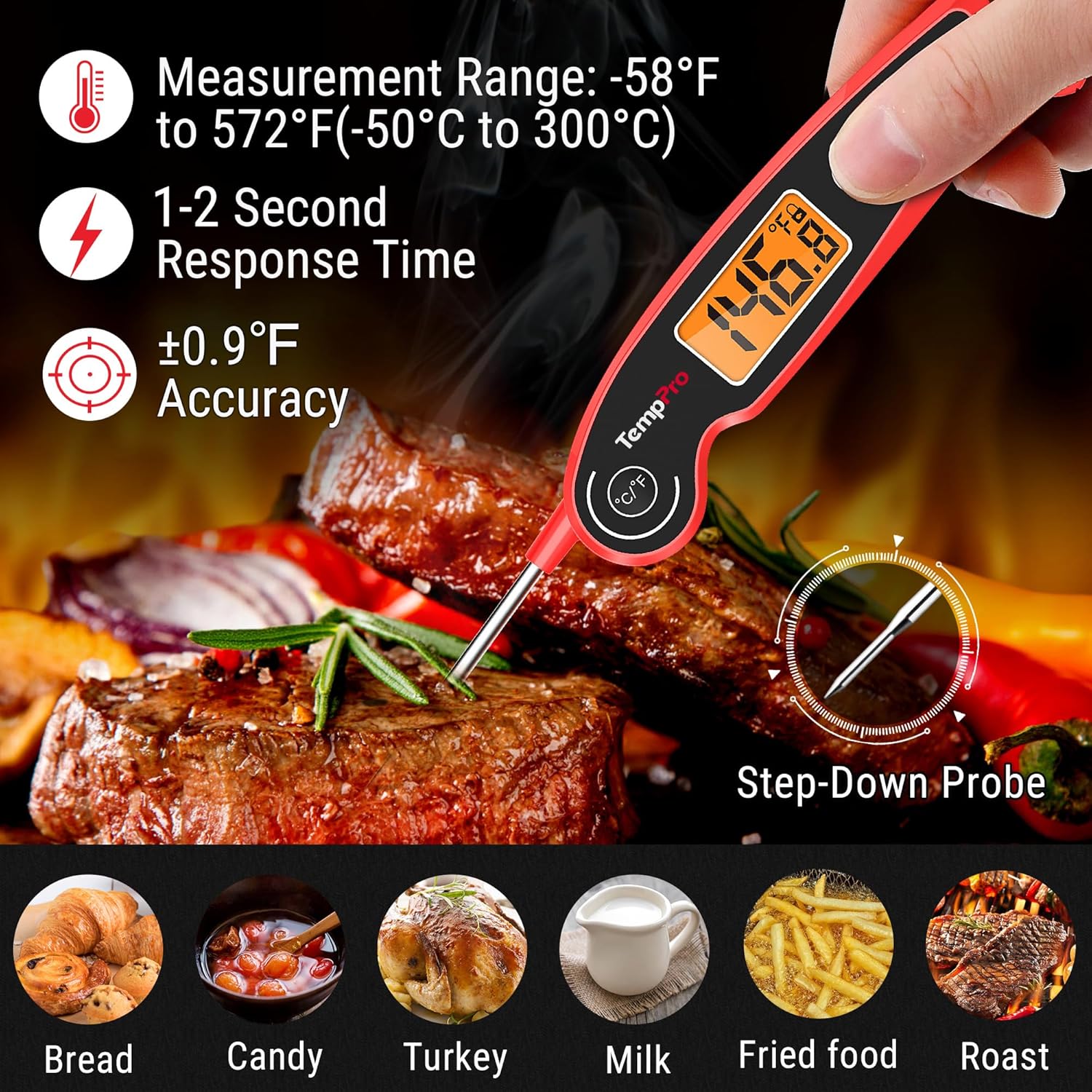 TempPro ThermoPro TP605 Instant Read Meat Thermometer Waterproof Digital Food Thermometer with Large Backlit LCD for Grilling Smoking and Candy Making - View 2 of 9