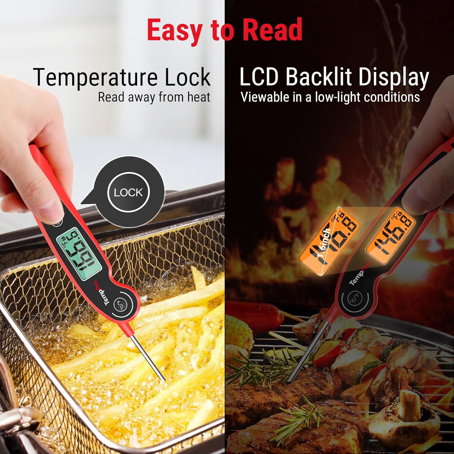 TempPro ThermoPro TP605 Instant Read Meat Thermometer Waterproof Digital Food Thermometer with Large Backlit LCD for Grilling Smoking and Candy Making - View 5 of 9