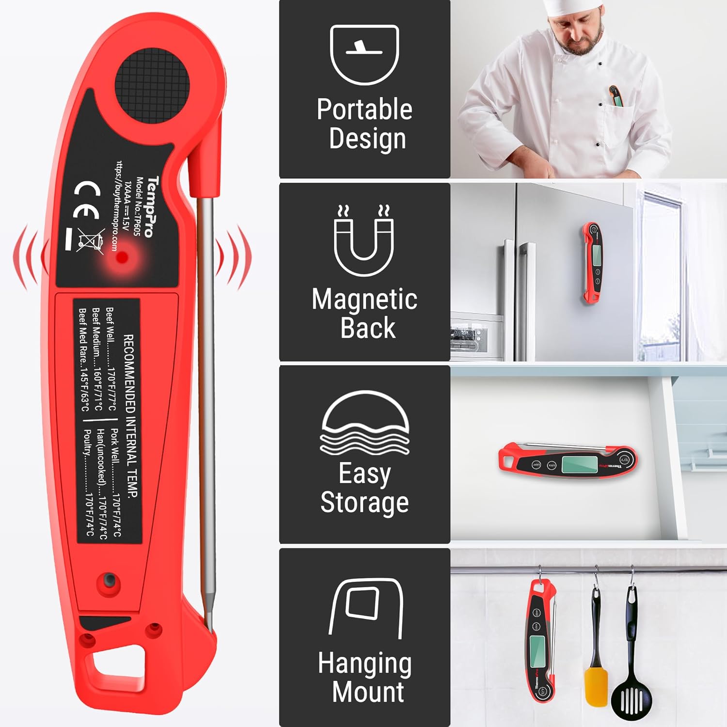 TempPro ThermoPro TP605 Instant Read Meat Thermometer Waterproof Digital Food Thermometer with Large Backlit LCD for Grilling Smoking and Candy Making - View 7 of 9