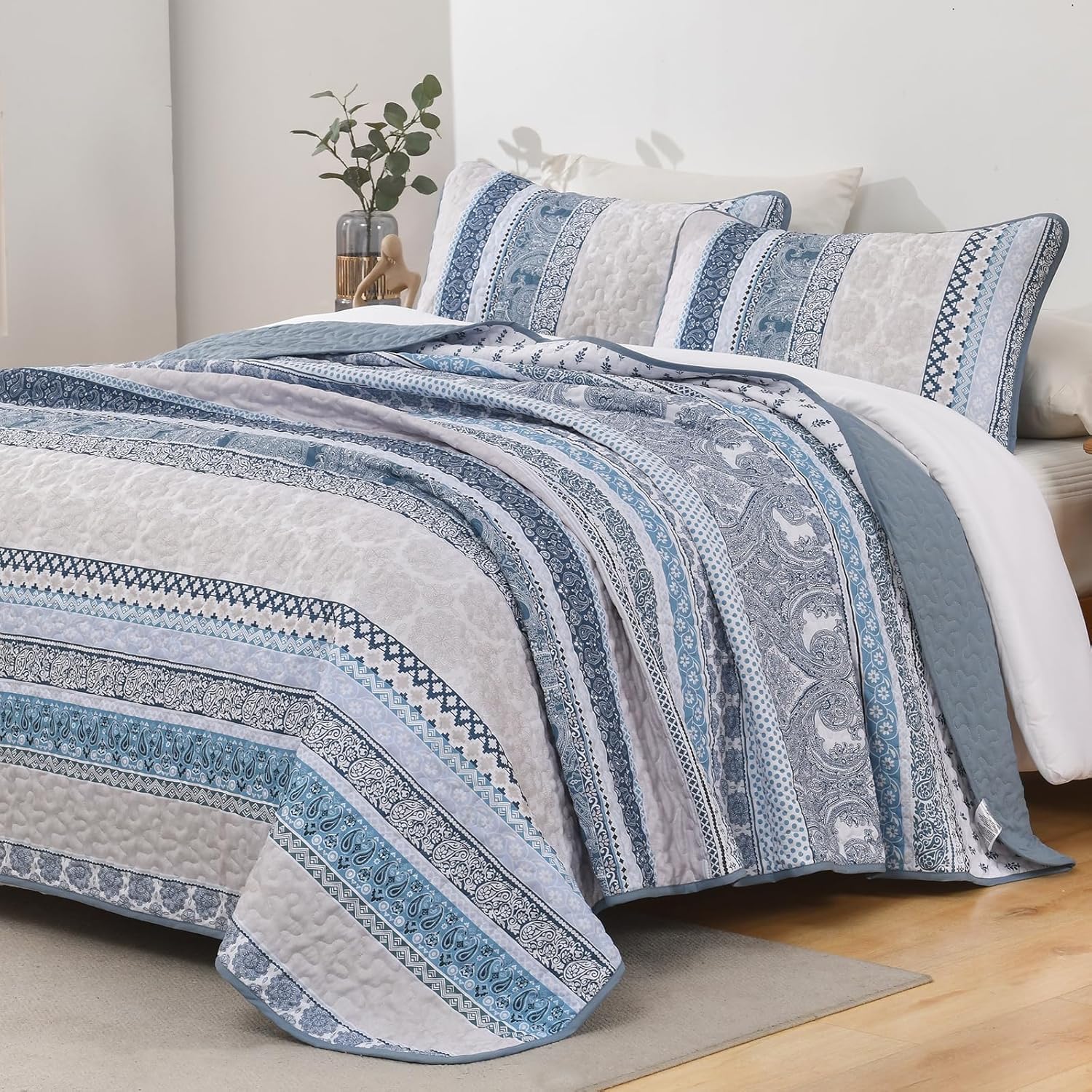WONGS BEDDING WONGS BEDDING Boho Quilt Set Queen Size Blue Lightweight 3 Piece Bedspread Coverlet for All Season 96x90 Inches - View 2 of 8
