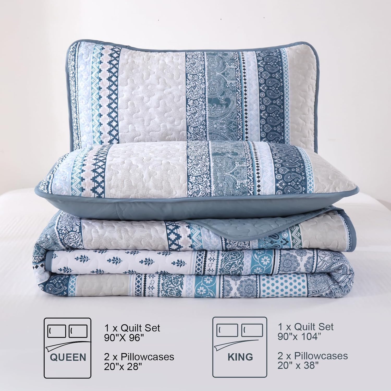 WONGS BEDDING WONGS BEDDING Boho Quilt Set Queen Size Blue Lightweight 3 Piece Bedspread Coverlet for All Season 96x90 Inches - View 7 of 8