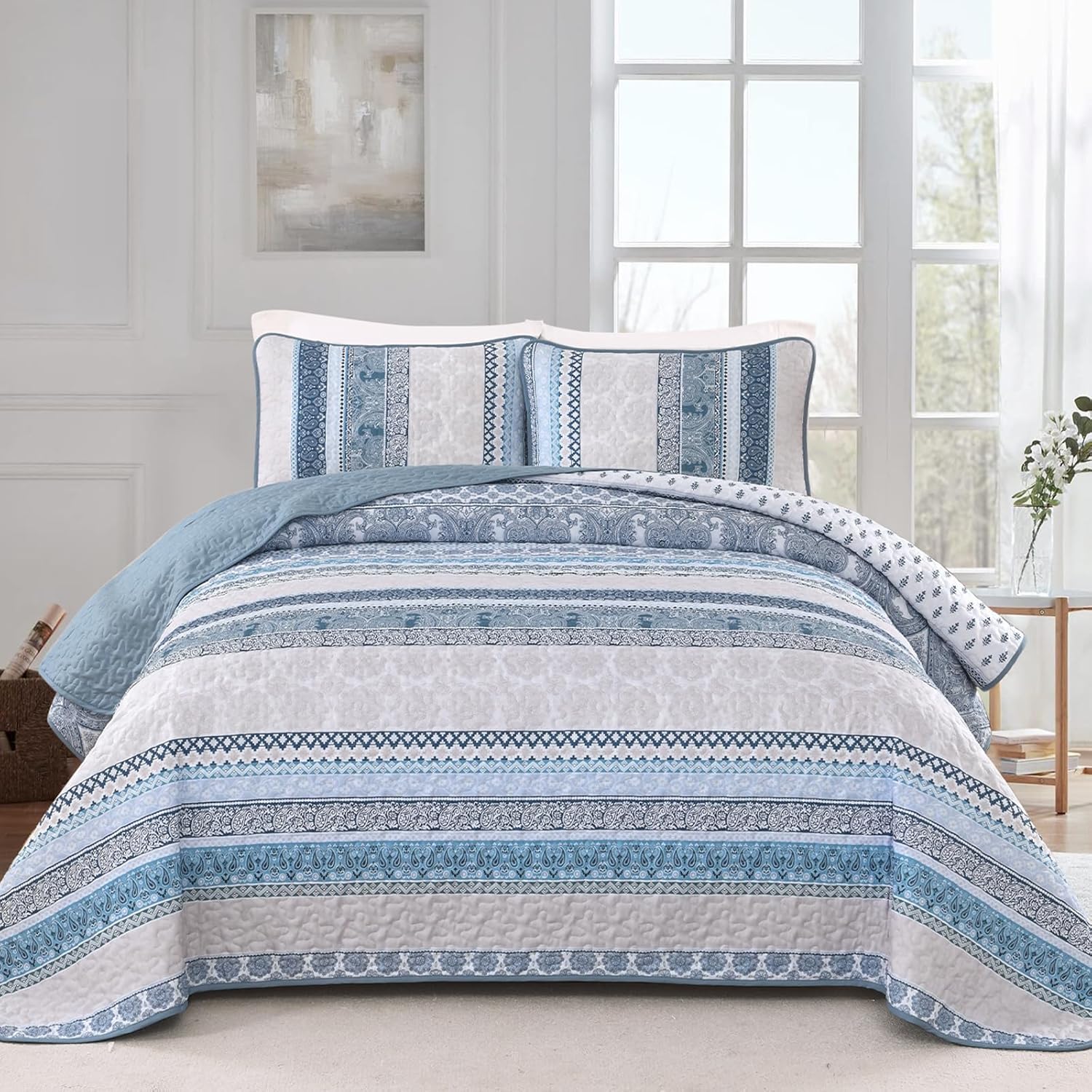 WONGS BEDDING WONGS BEDDING Boho Quilt Set Queen Size Blue Lightweight 3 Piece Bedspread Coverlet for All Season 96x90 Inches
