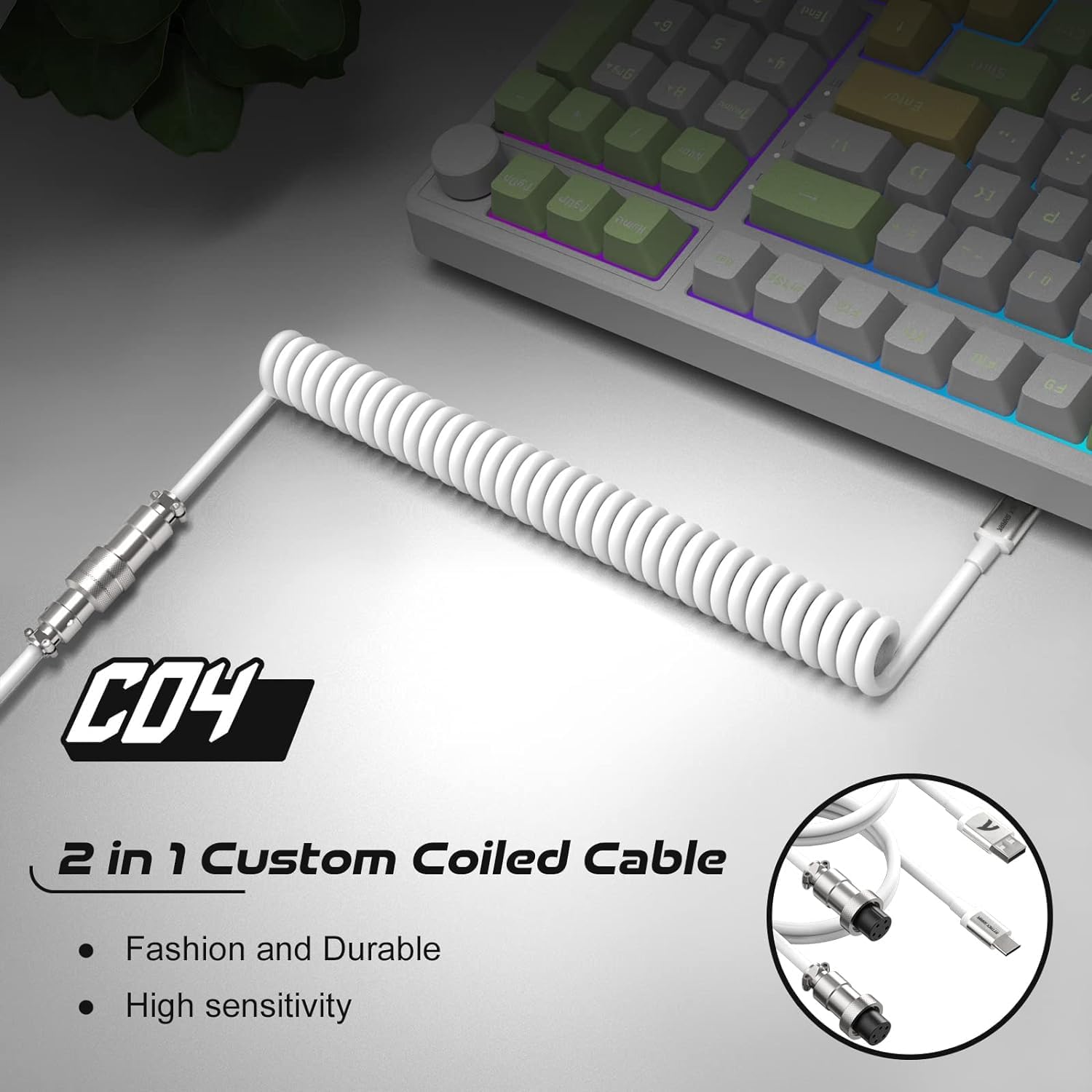 Coiled Keyboard Cable for Gaming Custom Keyboard,Double-Sleeved Coiled USB C Cable with Detachable Metal Aviator,2 in 1 USB C to A and C for - View 2 of 8