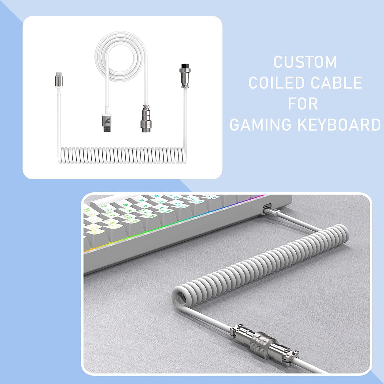 Coiled Keyboard Cable for Gaming Custom Keyboard,Double-Sleeved Coiled USB C Cable with Detachable Metal Aviator,2 in 1 USB C to A and C for - View 6 of 8
