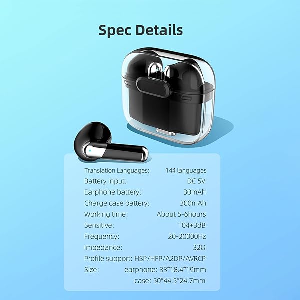 Diyeeni Language Translator Earbuds Bluetooth Earphones Support 144 Languages Voice Translation Devices with APP and Transparent Case Black - View 11 of 11