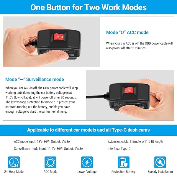 ssontong SSONTONG OBD2 Power Cable for Dash Cameras - Type-C USB Hardwire Charger with 24/7 Surveillance & Switch Mode - View 6 of 8