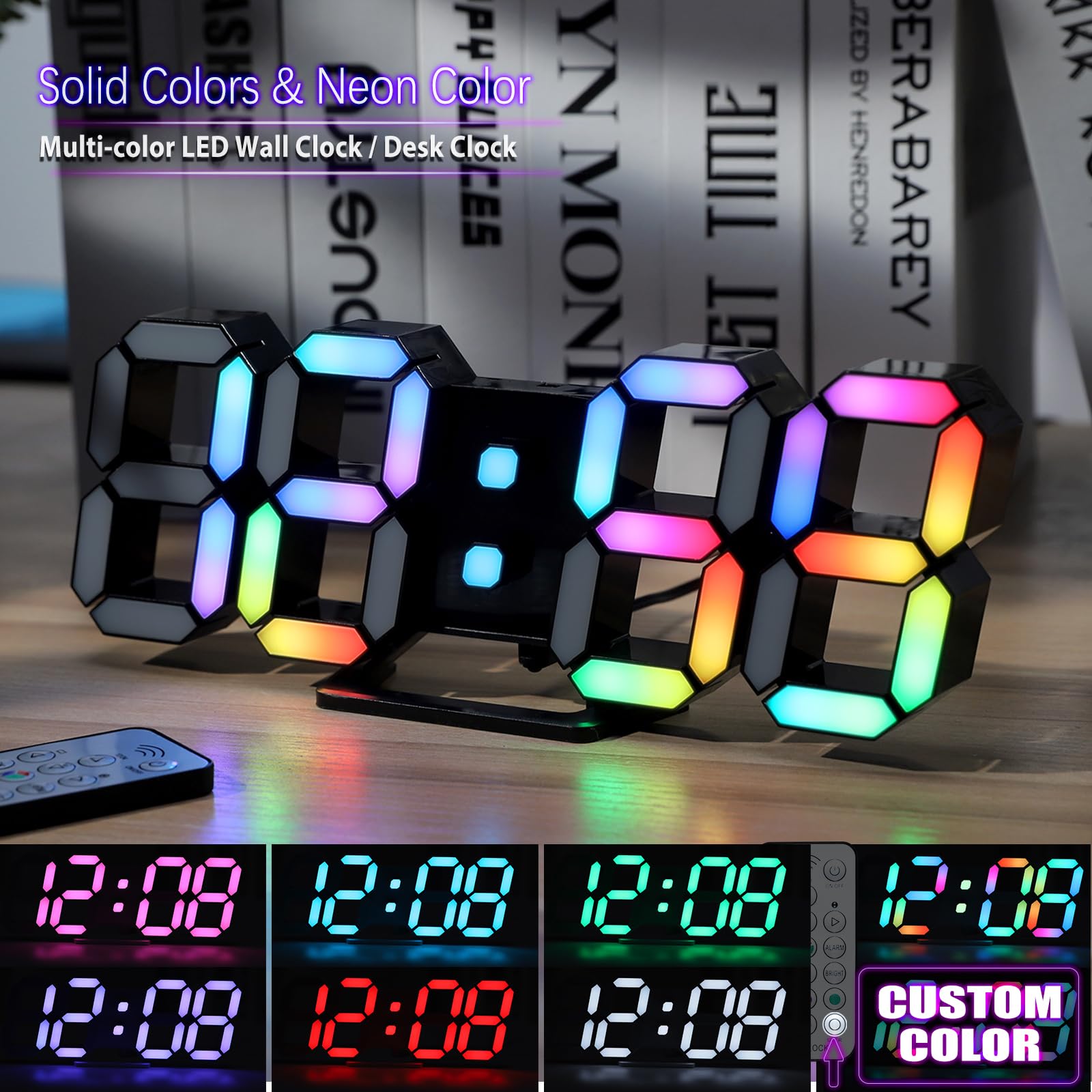 KOSUMOSU KOSUMOSU 9.7 Inch LED Digital Neon Clock RGB Wall Clock for Living Room and Bedroom Large Display Dimming Gaming Desk Clock Black - View 3 of 6