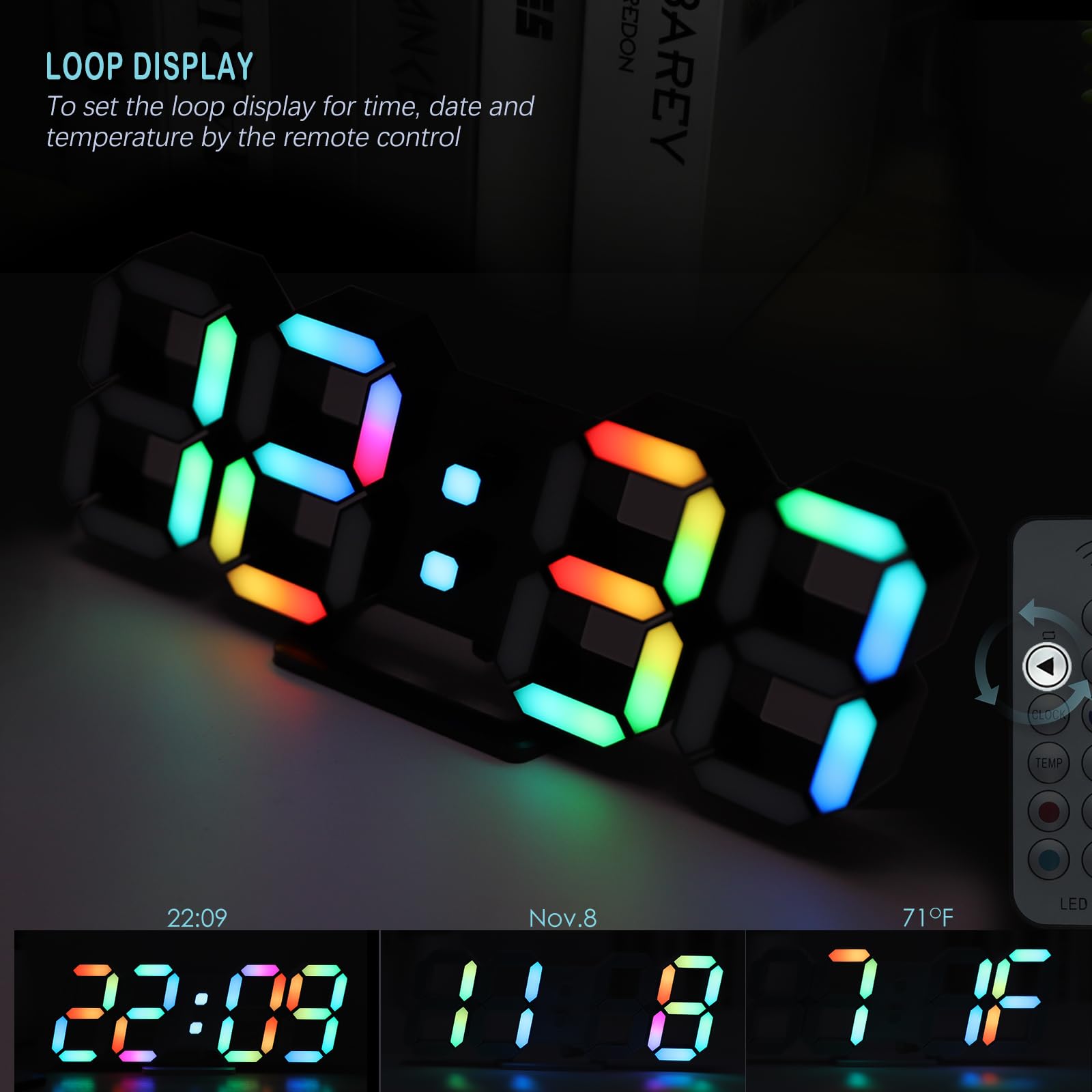 KOSUMOSU KOSUMOSU 9.7 Inch LED Digital Neon Clock RGB Wall Clock for Living Room and Bedroom Large Display Dimming Gaming Desk Clock Black - View 5 of 6