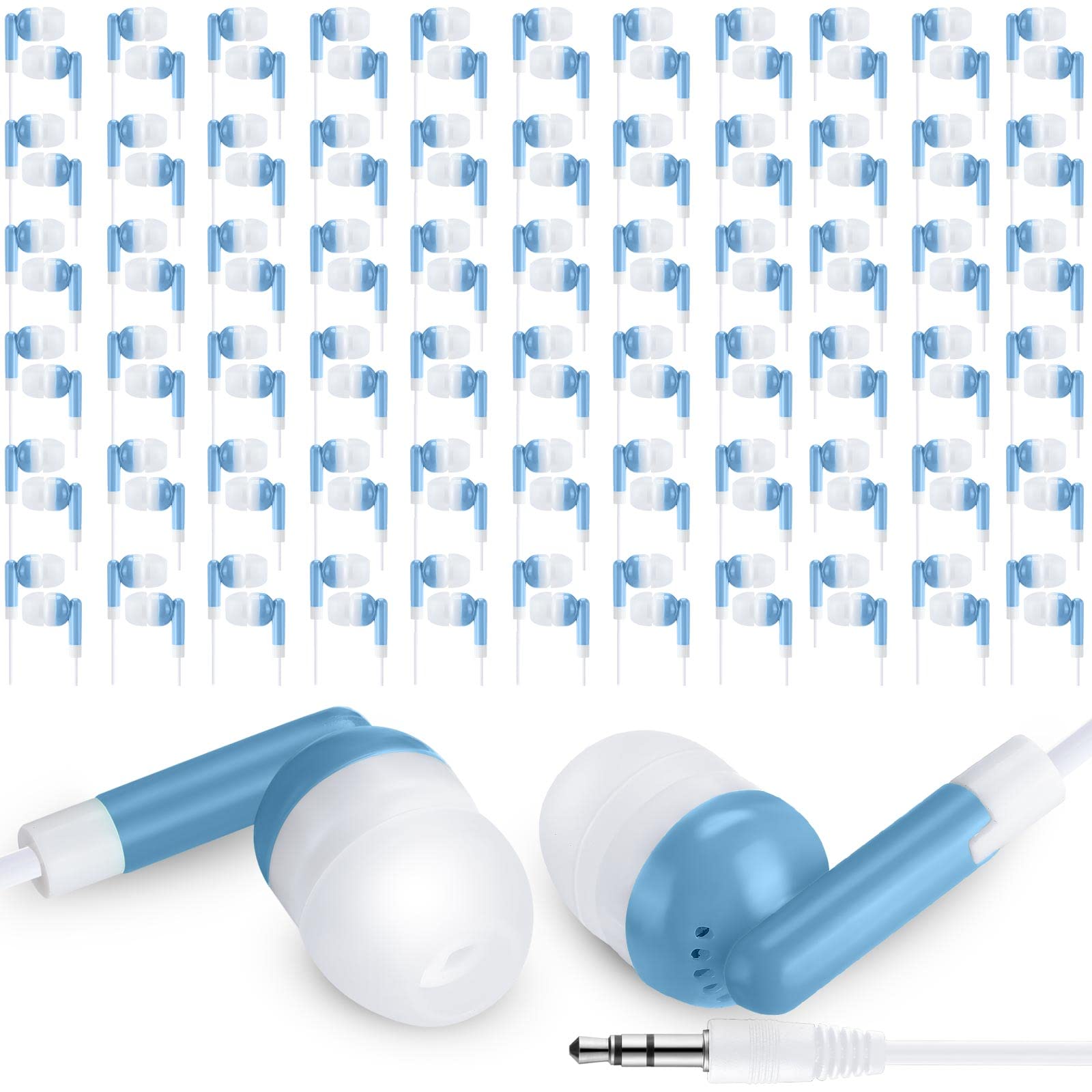 Yunsailing 100 Pack Earbuds Bulk Individually Bagged 3.5mm Headphones for Students Schools Hospitals Libraries MP3 Gifts Blue