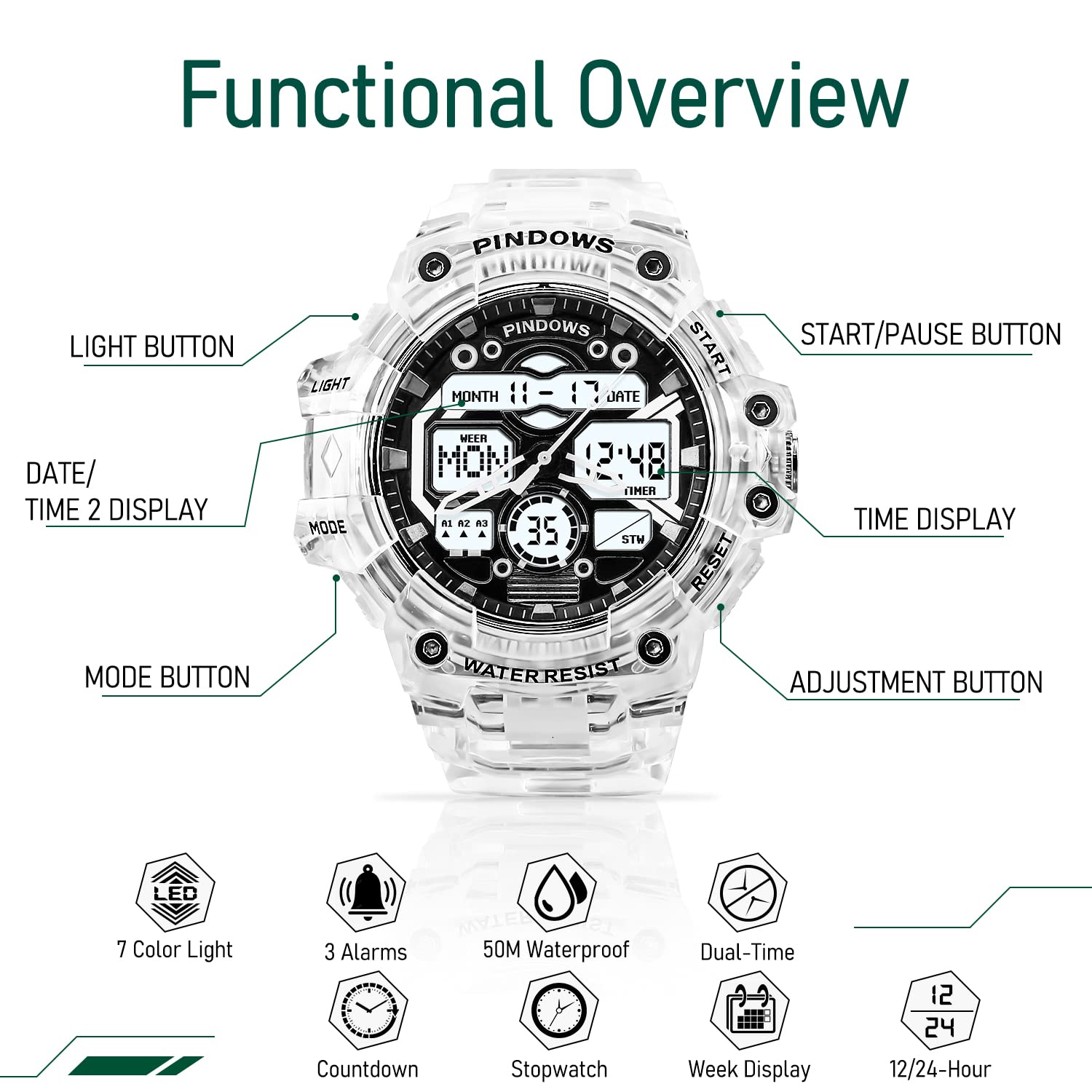 PINIDOUS PINIDOUS Mens Digital Sports Watch with 7 Color LED Light Large Display Waterproof Multi-Function Military Wrist Watch - View 2 of 5