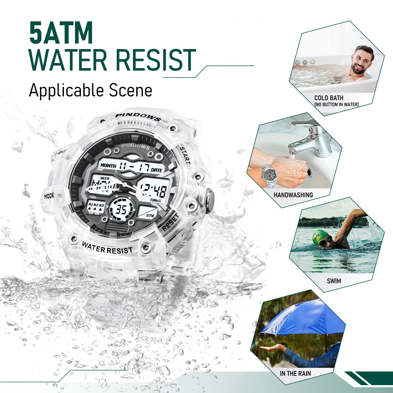 PINIDOUS PINIDOUS Mens Digital Sports Watch with 7 Color LED Light Large Display Waterproof Multi-Function Military Wrist Watch - View 4 of 5