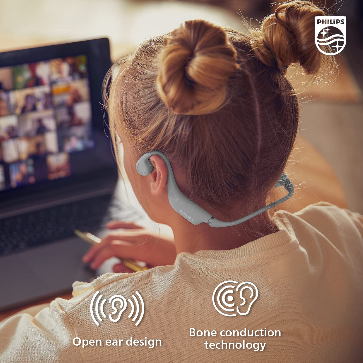 Philips PHILIPS Kids Open Ear Bone Conduction Bluetooth Headphones with Microphone and Parental Controls Gray TAK4607GY - View 2 of 9