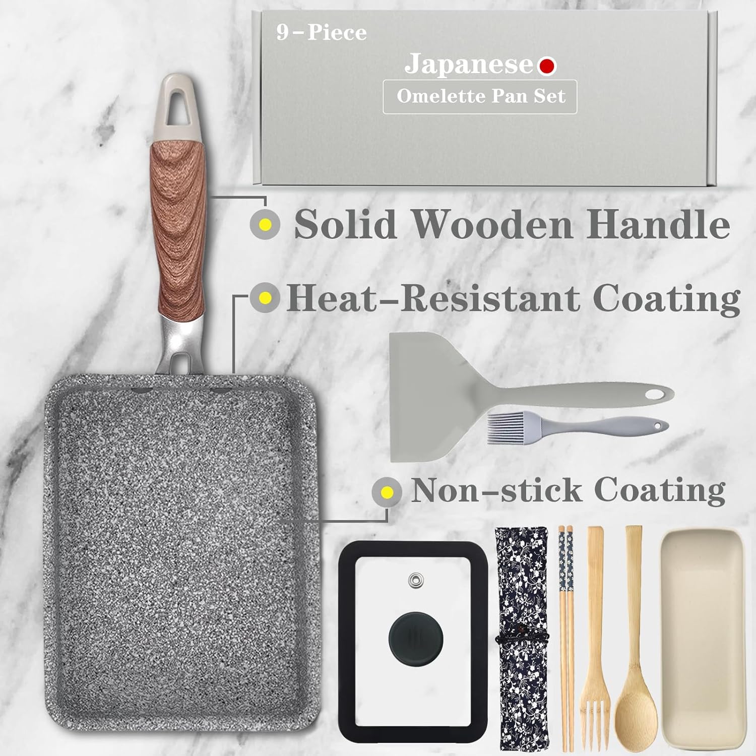 DXBVIEX DXBVIEX 9 PCS Tamagoyaki Pan Set Nonstick Japanese Omelette Pan with Lid Square and Rectangle 7 x 5 Inch Grey - View 2 of 9