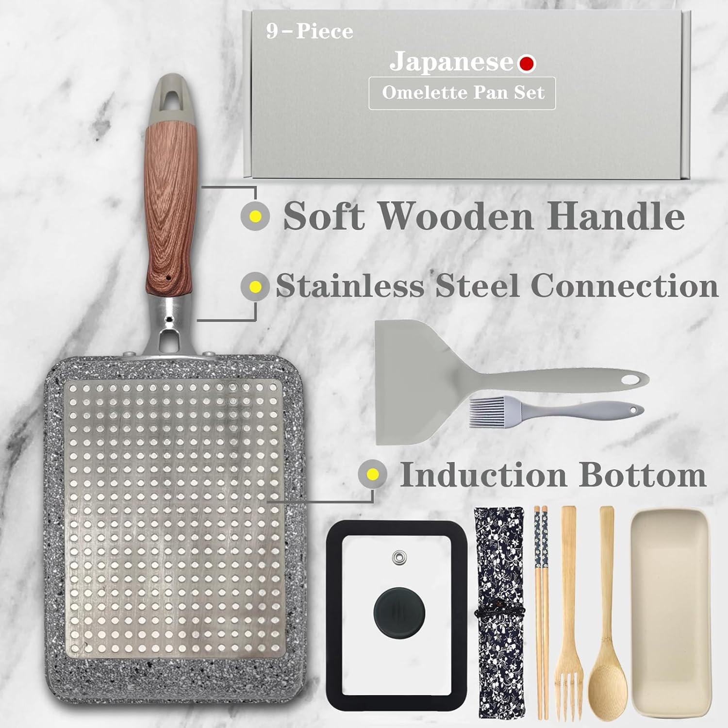 DXBVIEX DXBVIEX 9 PCS Tamagoyaki Pan Set Nonstick Japanese Omelette Pan with Lid Square and Rectangle 7 x 5 Inch Grey - View 3 of 9