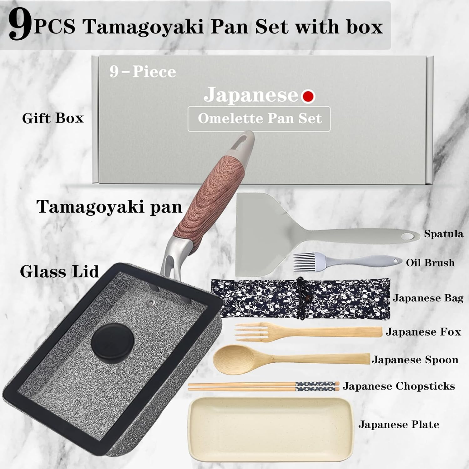 DXBVIEX DXBVIEX 9 PCS Tamagoyaki Pan Set Nonstick Japanese Omelette Pan with Lid Square and Rectangle 7 x 5 Inch Grey - View 7 of 9