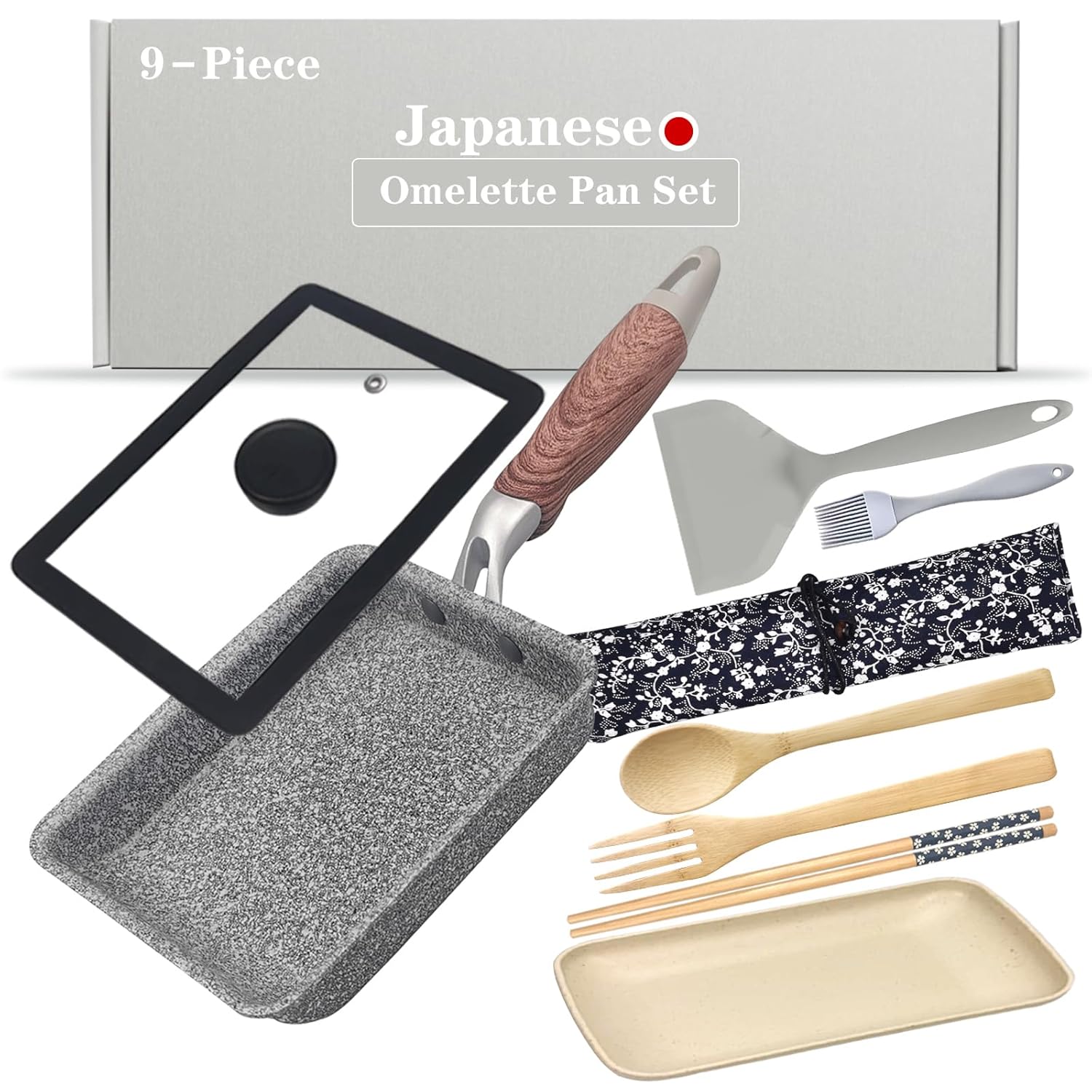 DXBVIEX DXBVIEX 9 PCS Tamagoyaki Pan Set Nonstick Japanese Omelette Pan with Lid Square and Rectangle 7 x 5 Inch Grey