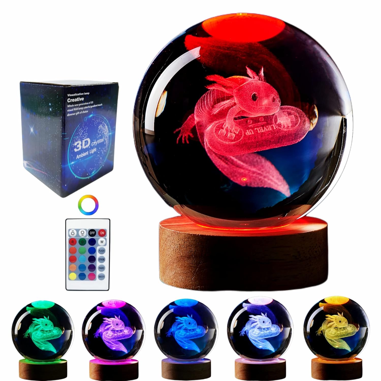 DIGFPWT DIGFPWT Axolotl Crystal Ball Lamp 3D Night Light with Remote Control 16 Colors K9 Gamepad LED Base Perfect Gift