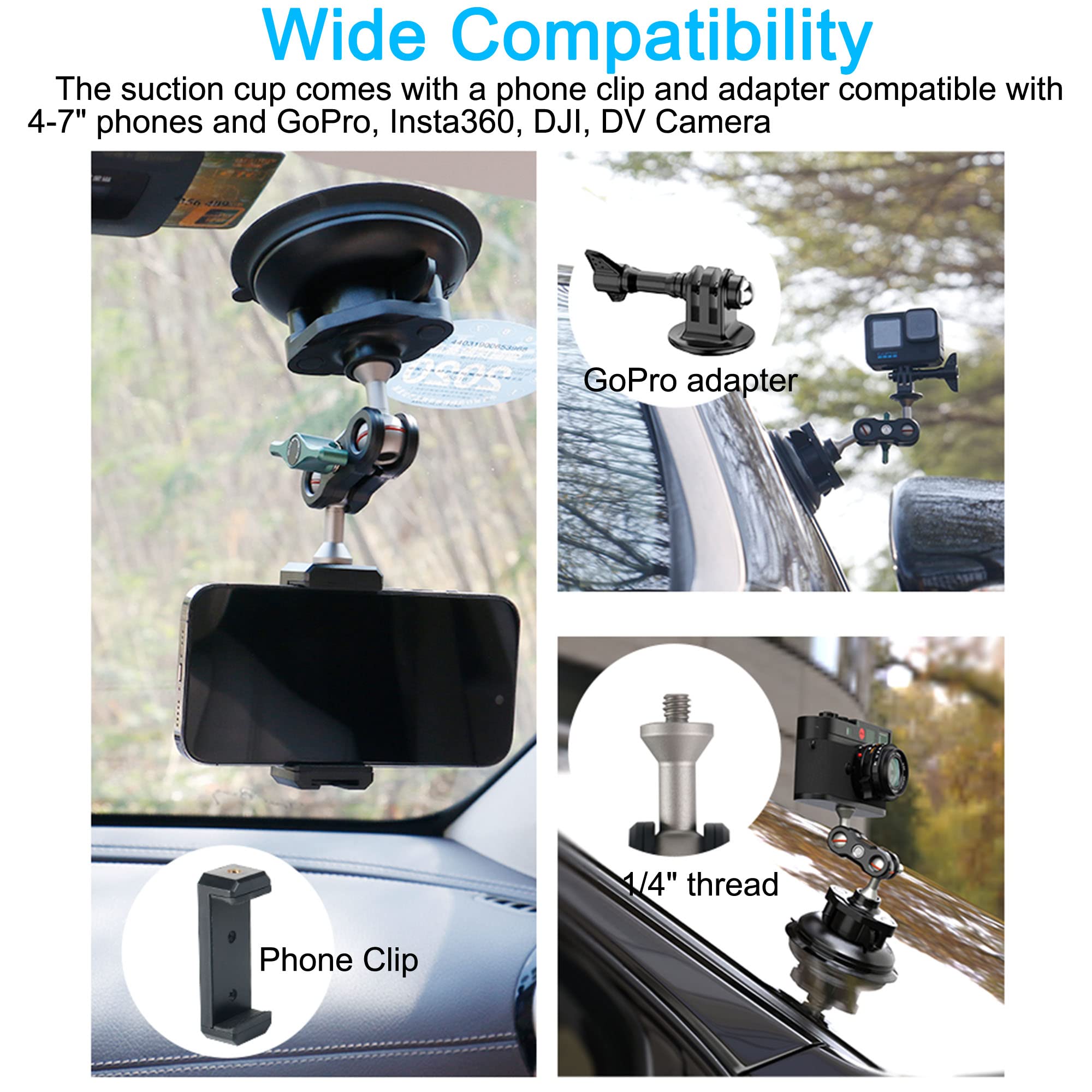 PellKing Camera Suction Cup Mount with Phone Holder and Action Camera Adapter for Insta360 GoPro DJI Action Cameras - View 2 of 7