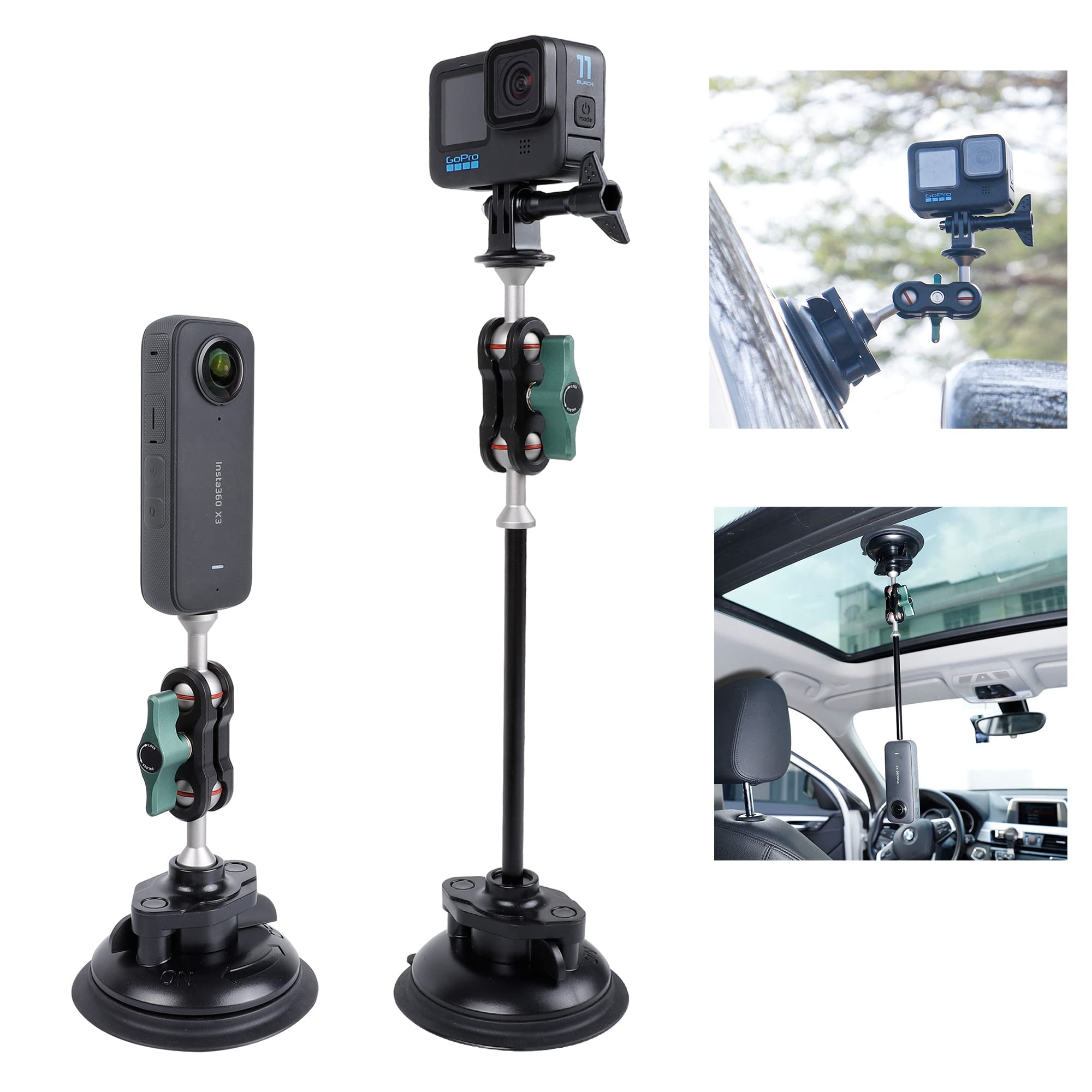 PellKing Camera Suction Cup Mount with Phone Holder and Action Camera Adapter for Insta360 GoPro DJI Action Cameras