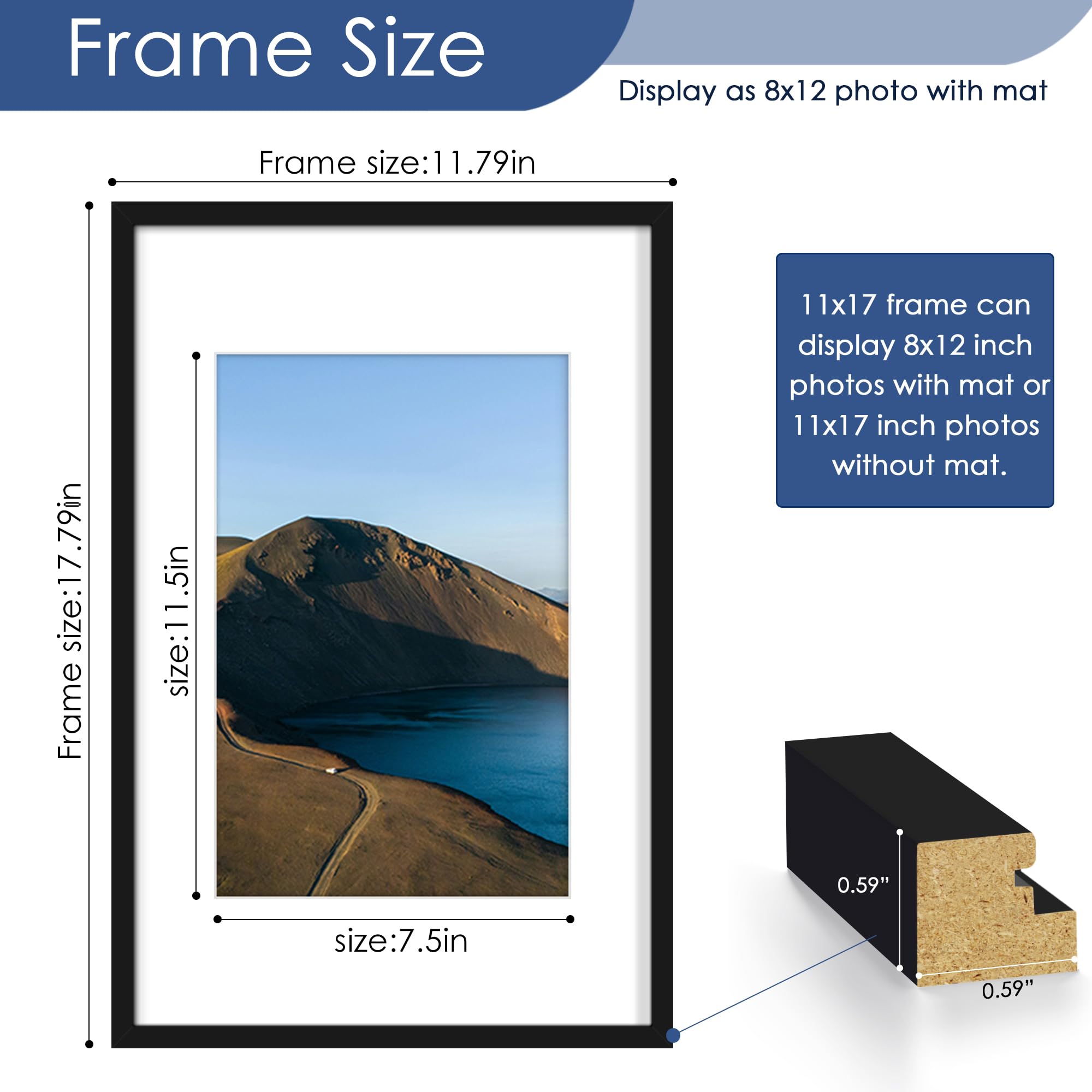 PEALSN PEALSN 11x17 Picture Frame for Wall Mounting Display Holds 8x12 with Mat or 11x17 Without Mat Black Photo Frame - View 2 of 7