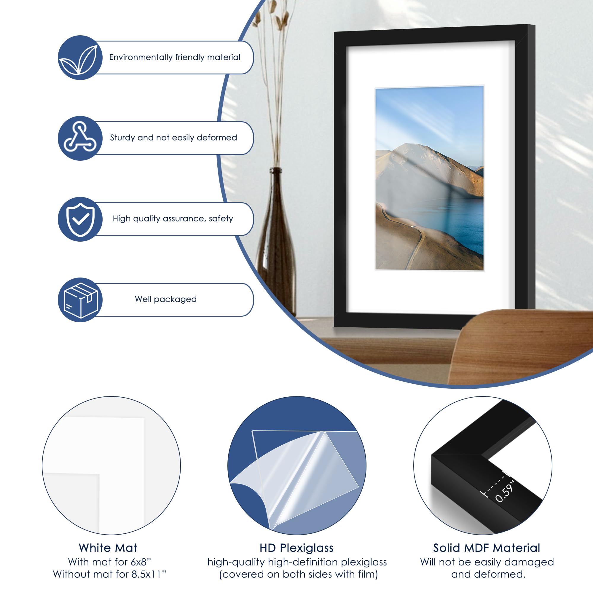 PEALSN PEALSN 11x17 Picture Frame for Wall Mounting Display Holds 8x12 with Mat or 11x17 Without Mat Black Photo Frame - View 5 of 7