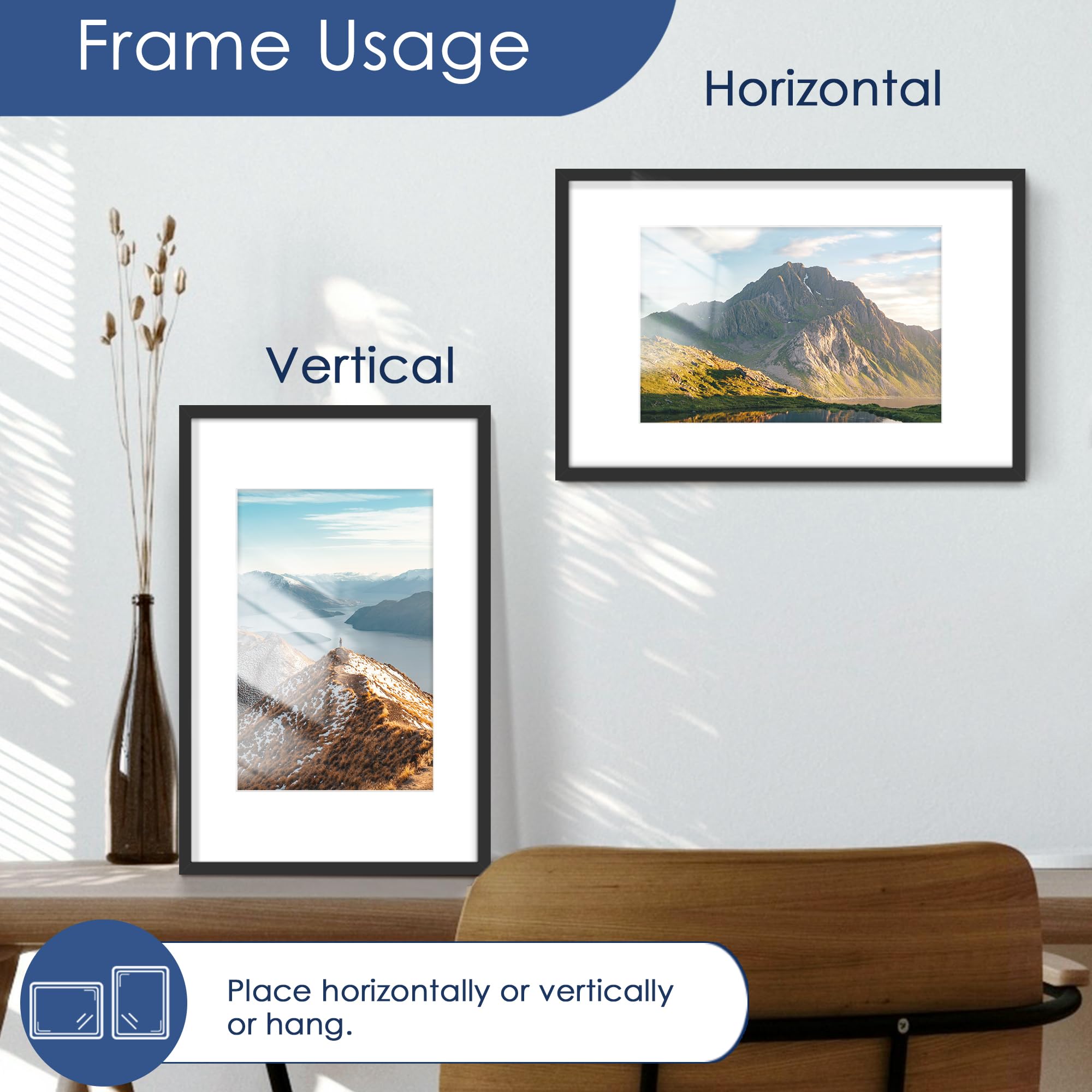 PEALSN PEALSN 11x17 Picture Frame for Wall Mounting Display Holds 8x12 with Mat or 11x17 Without Mat Black Photo Frame - View 6 of 7