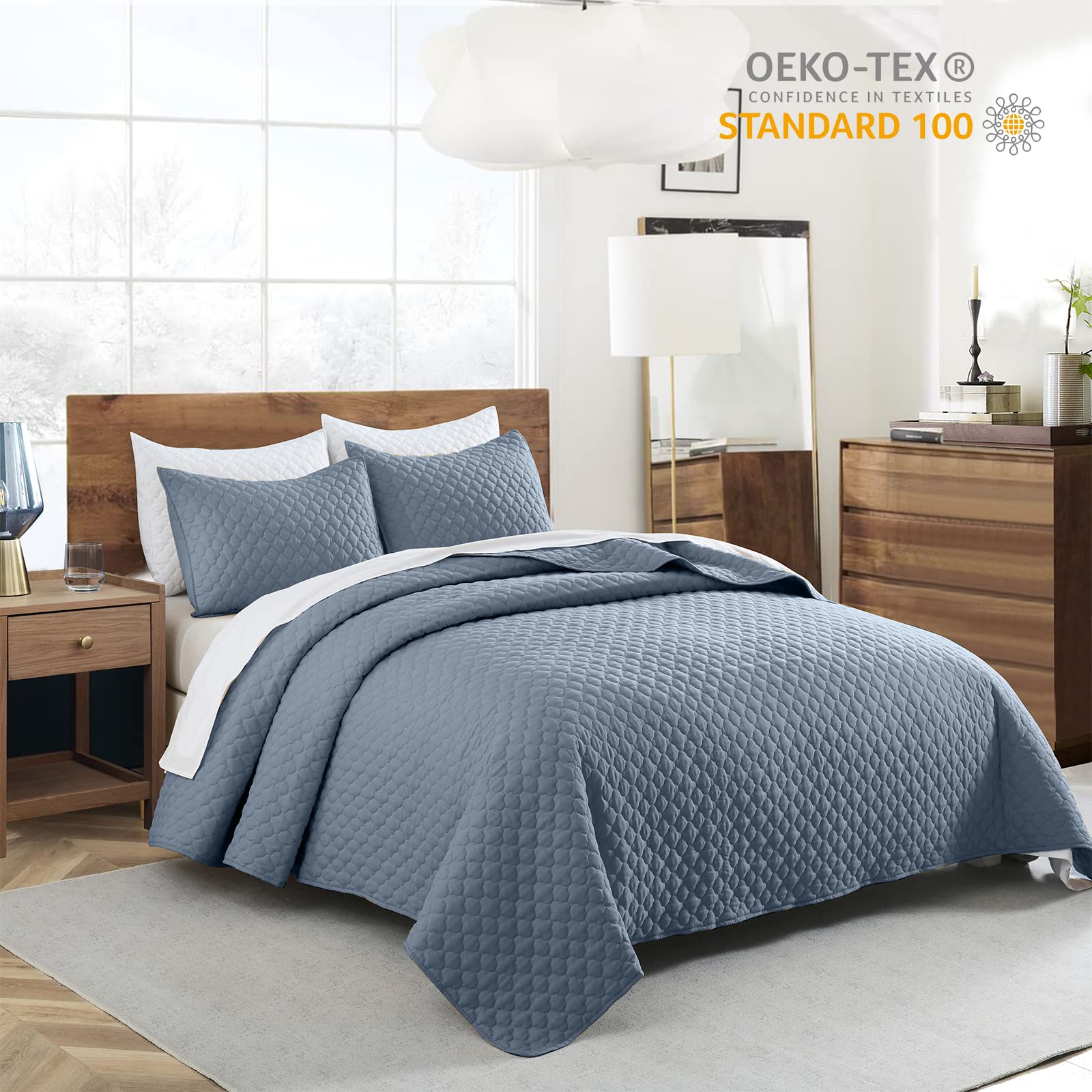 HORIMOTE HOME HORIMOTE HOME Queen Size Dusty Blue Quilt Lightweight Ultra-Soft Microfiber Modern Quilted Clouds Pattern Bedspread Set with Pillow Shams - View 2 of 7