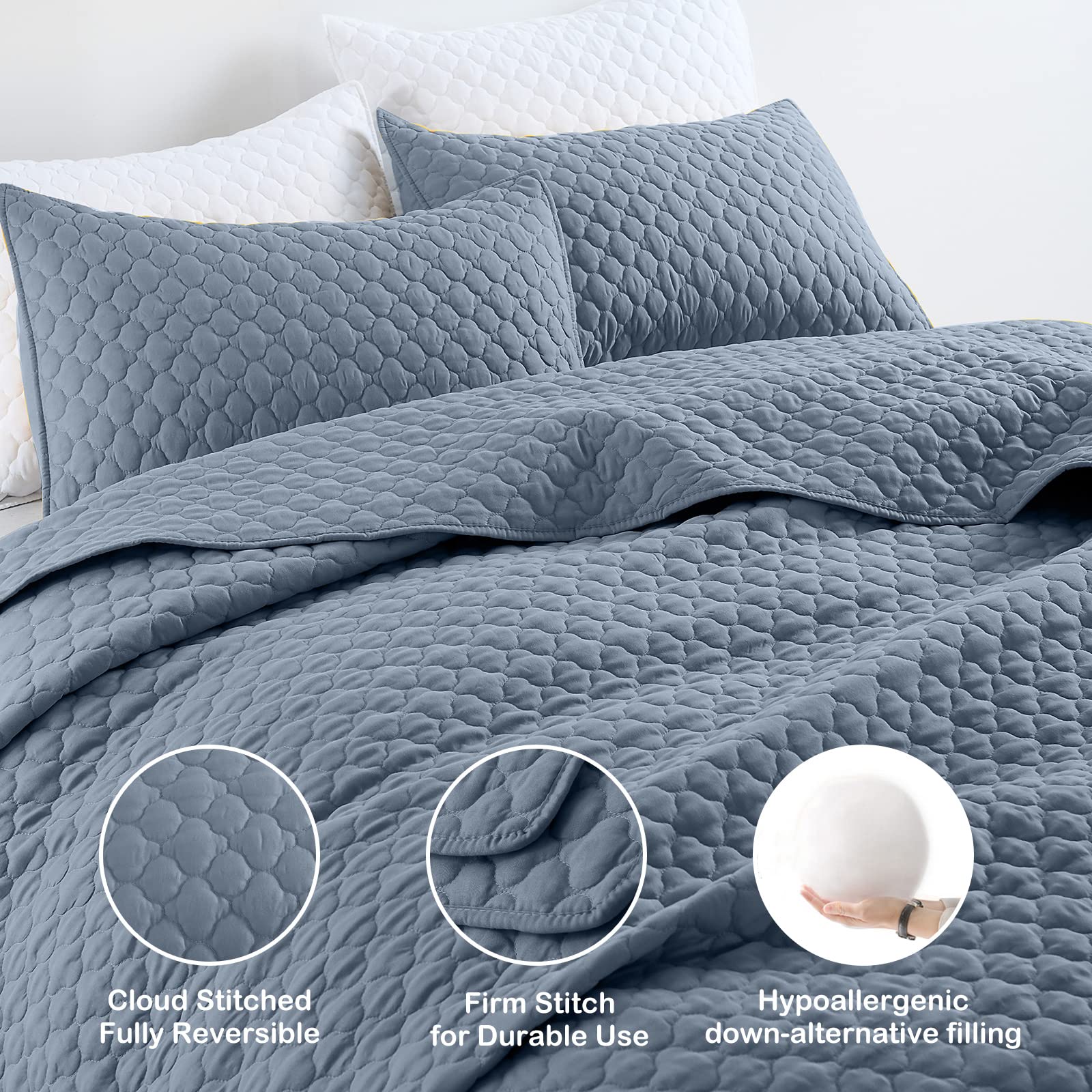 HORIMOTE HOME HORIMOTE HOME Queen Size Dusty Blue Quilt Lightweight Ultra-Soft Microfiber Modern Quilted Clouds Pattern Bedspread Set with Pillow Shams - View 3 of 7