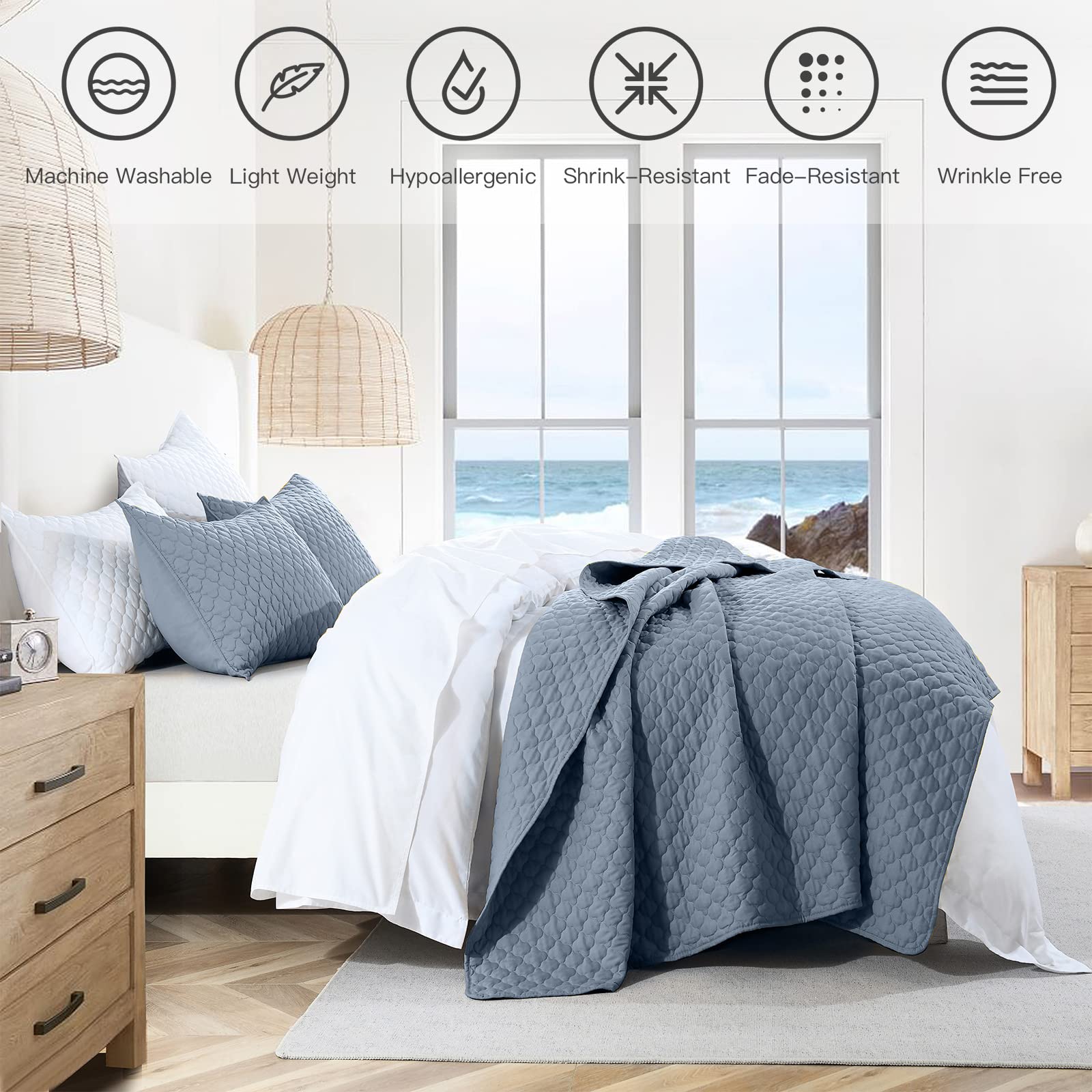 HORIMOTE HOME HORIMOTE HOME Queen Size Dusty Blue Quilt Lightweight Ultra-Soft Microfiber Modern Quilted Clouds Pattern Bedspread Set with Pillow Shams - View 6 of 7