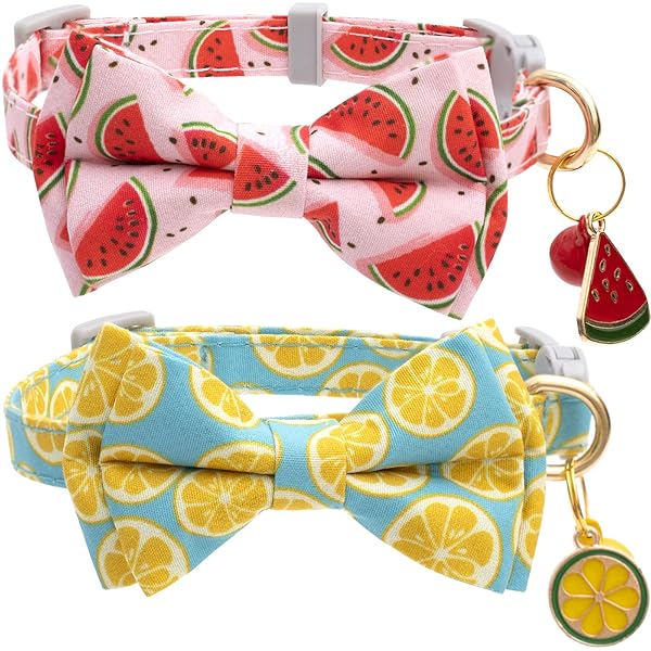 Faygarsle Faygarsle 2 Pack Cute Cat Collars with Bell Breakaway Bowtie Soft Pink Yellow Watermelon Lemon Pattern for Male Female Cats