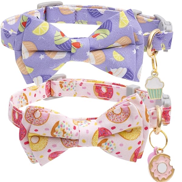 Faygarsle Faygarsle 2 Pack Cute Cat Collars with Bell Breakaway Bowtie Soft Pink Purple Ice Cream Doughnuts Pattern for Male Female Cats