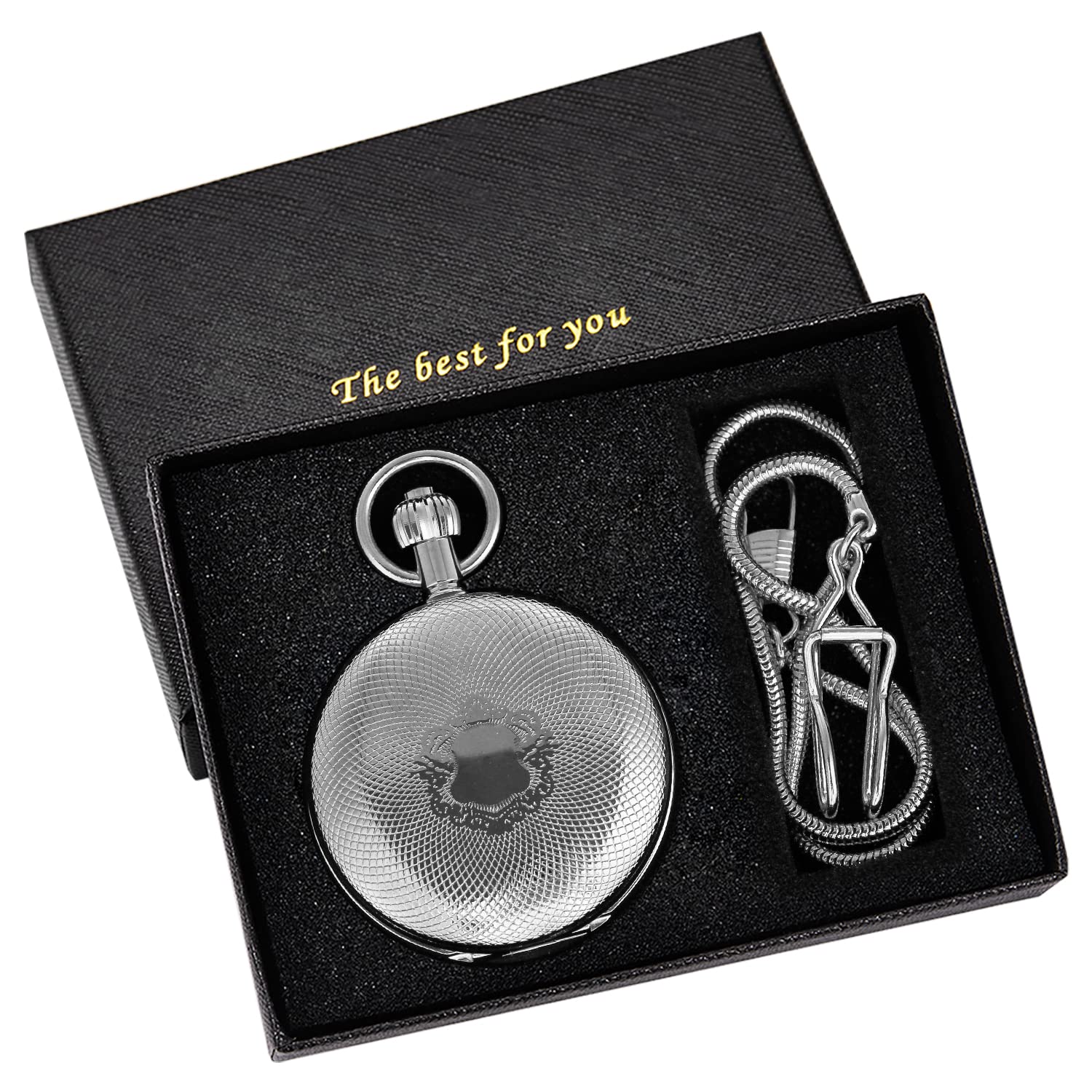 Whodoit Whodoit Silver Smooth Shield Double Cover Men's Mechanical Pocket Watch with Roman Moonlight Design Dial and Chain - View 3 of 7