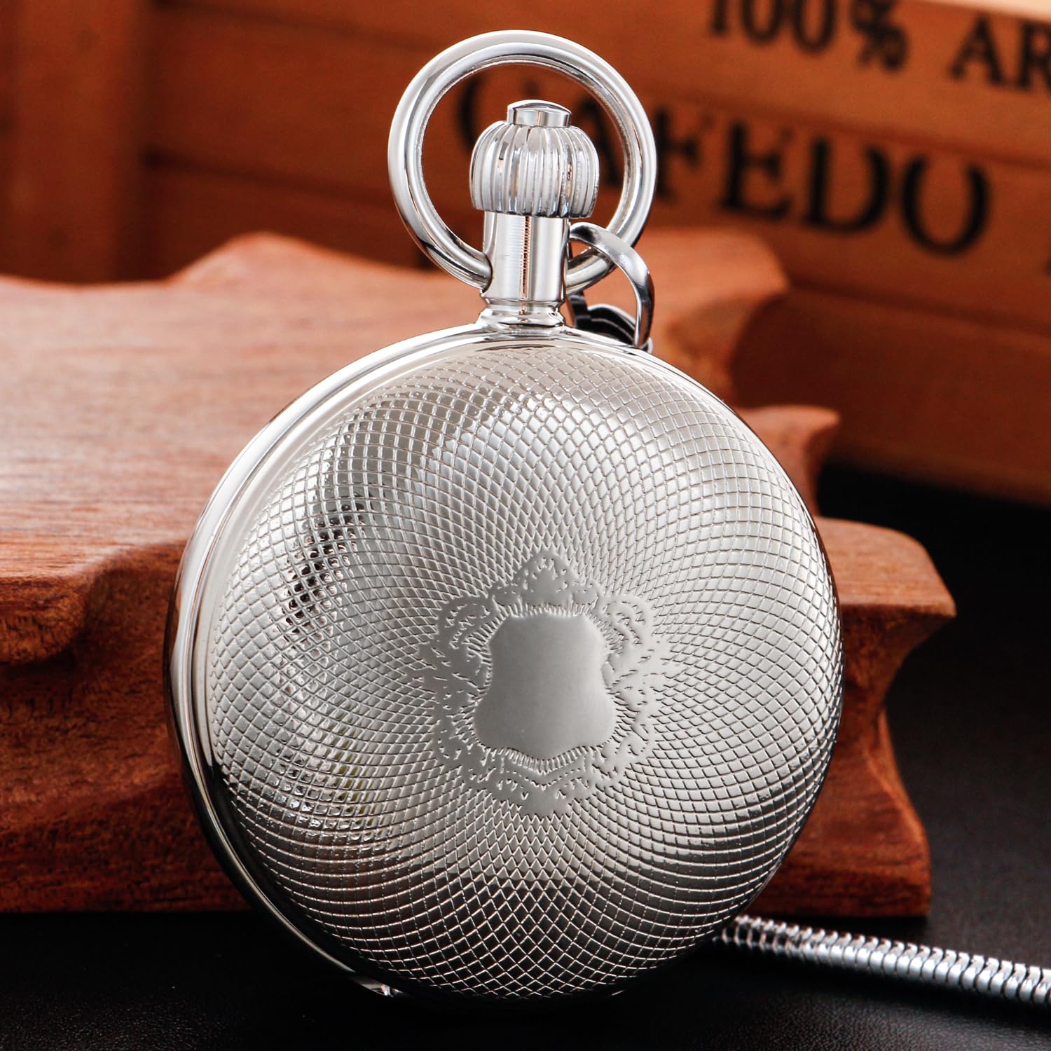 Whodoit Whodoit Silver Smooth Shield Double Cover Men's Mechanical Pocket Watch with Roman Moonlight Design Dial and Chain - View 4 of 7