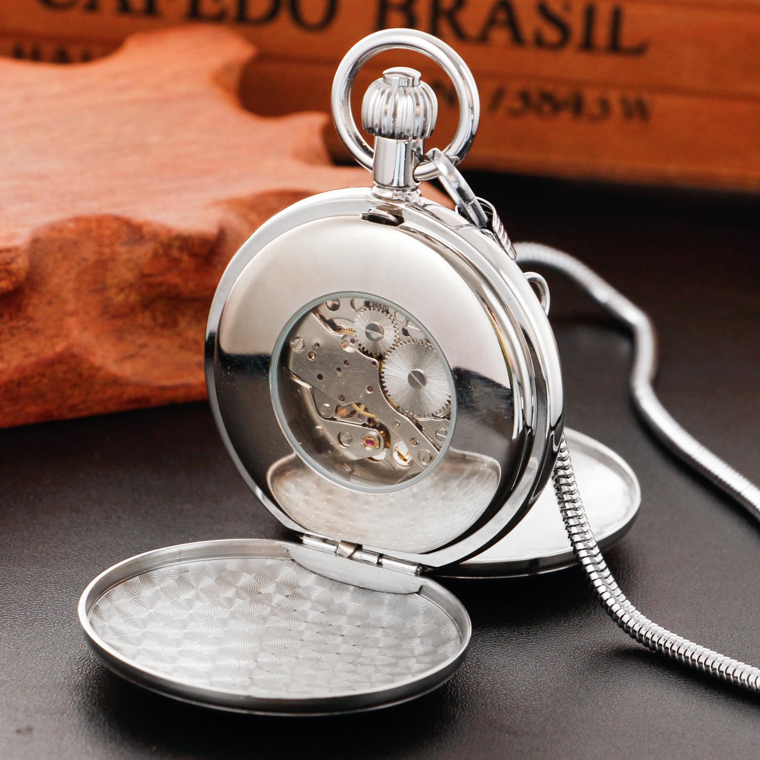 Whodoit Whodoit Silver Smooth Shield Double Cover Men's Mechanical Pocket Watch with Roman Moonlight Design Dial and Chain - View 5 of 7