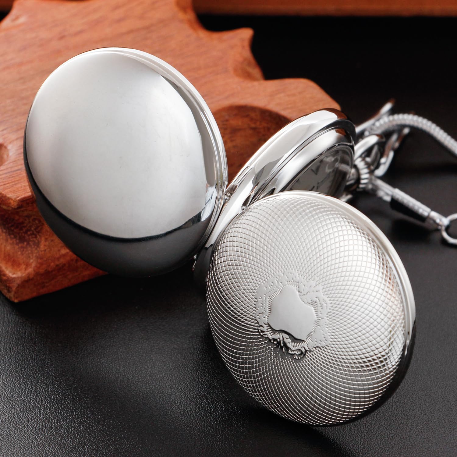 Whodoit Whodoit Silver Smooth Shield Double Cover Men's Mechanical Pocket Watch with Roman Moonlight Design Dial and Chain - View 6 of 7