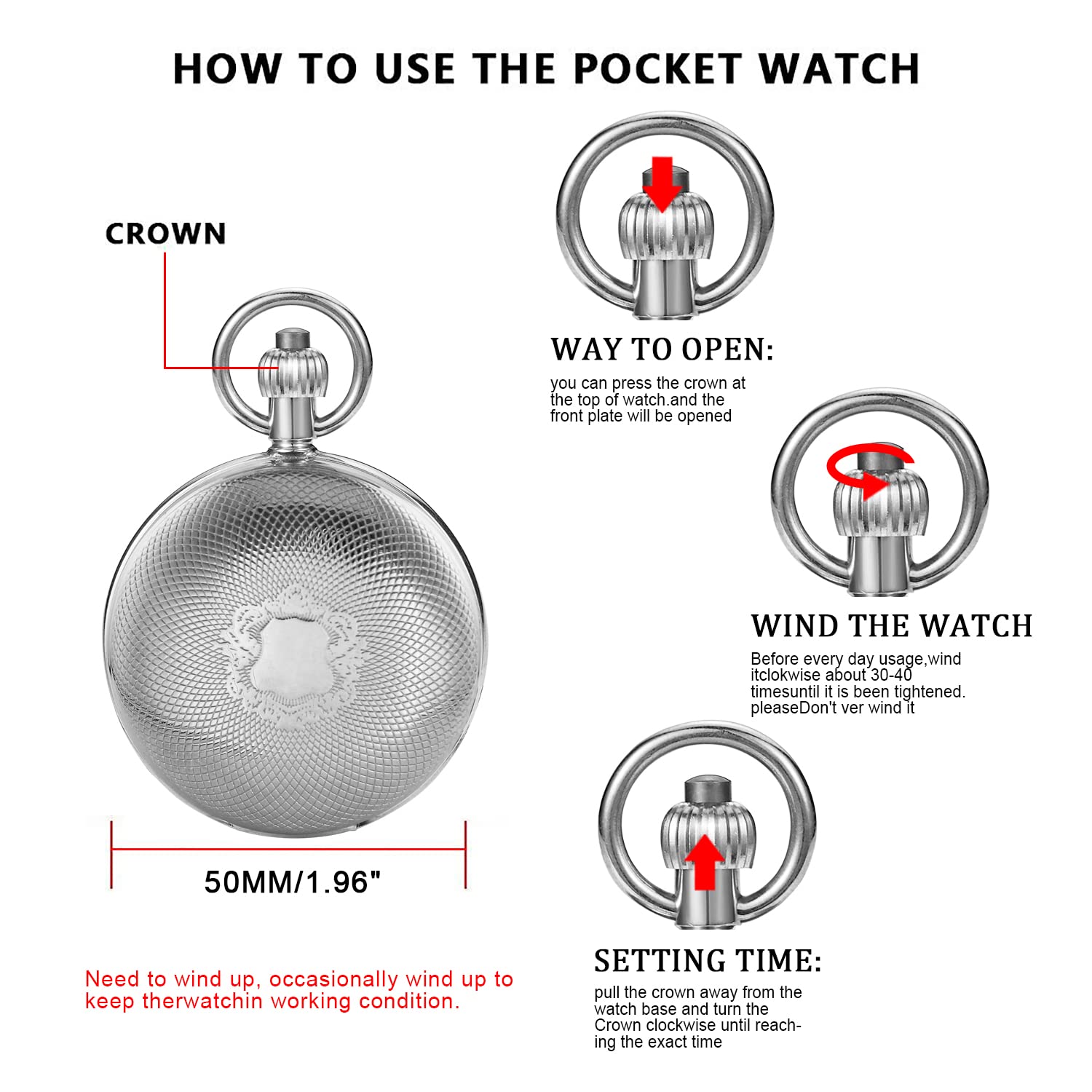 Whodoit Whodoit Silver Smooth Shield Double Cover Men's Mechanical Pocket Watch with Roman Moonlight Design Dial and Chain - View 7 of 7