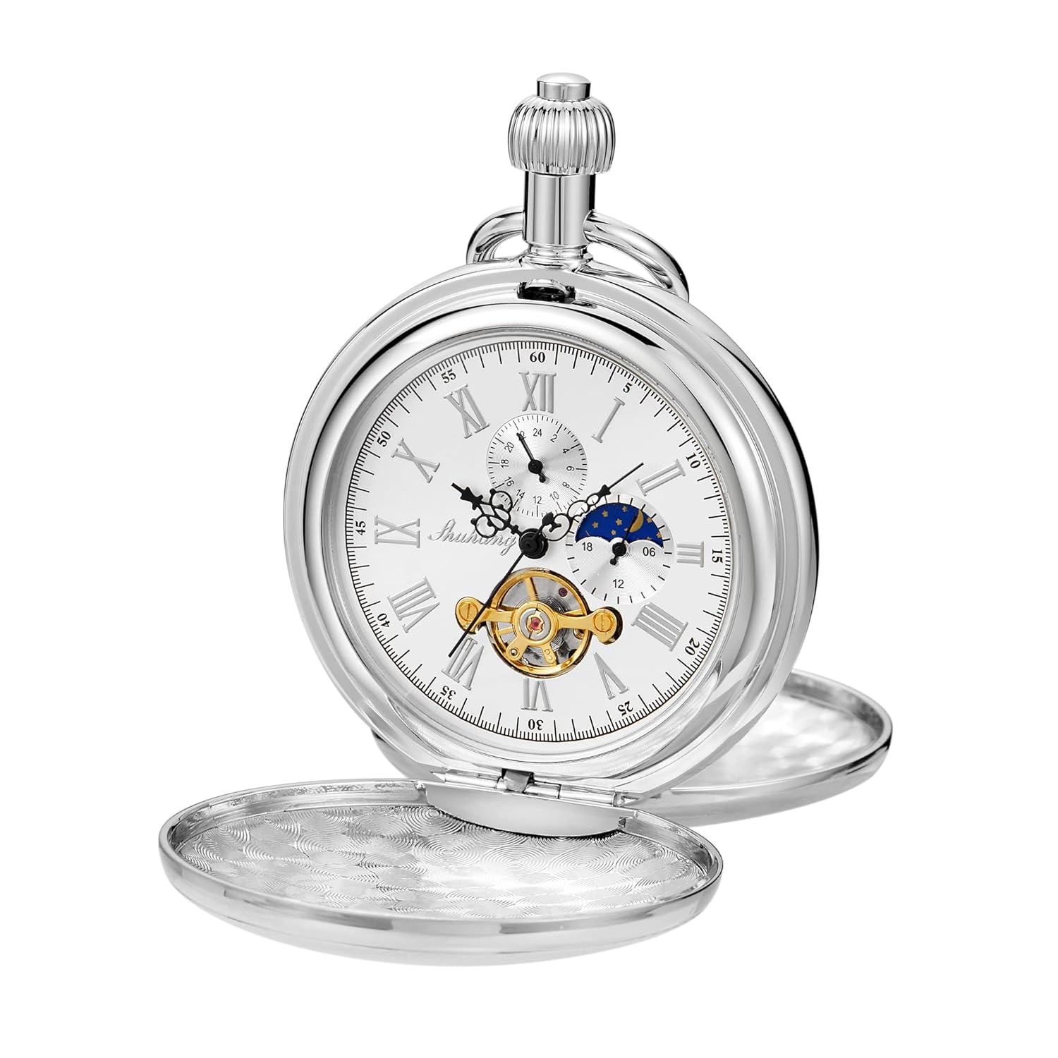Whodoit Silver Smooth Shield Double Cover Men's Mechanical Pocket Watch with Roman Moonlight Design Dial and Chain
