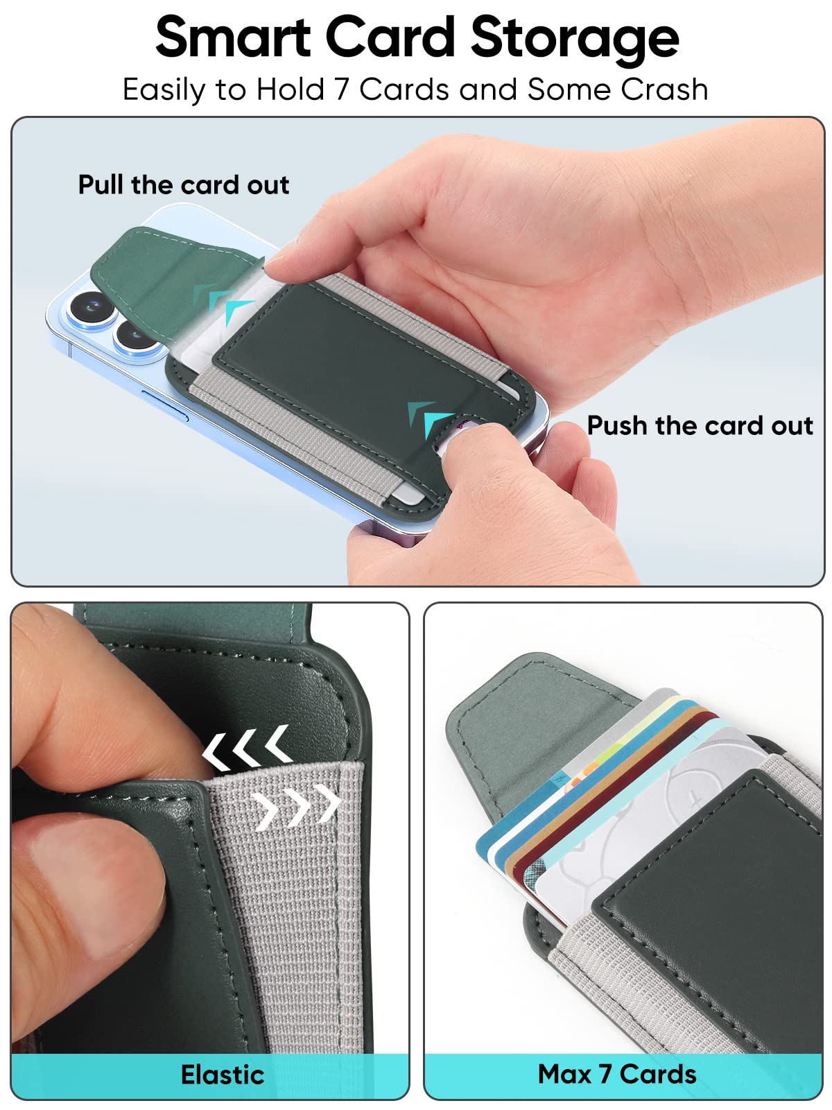 Miroddi Miroddi MagSafe Wallet with Privacy Flap Leather Card Holder for iPhone 15 14 13 12 Models RFID Blocking Fits 7 Cards Green - View 3 of 7