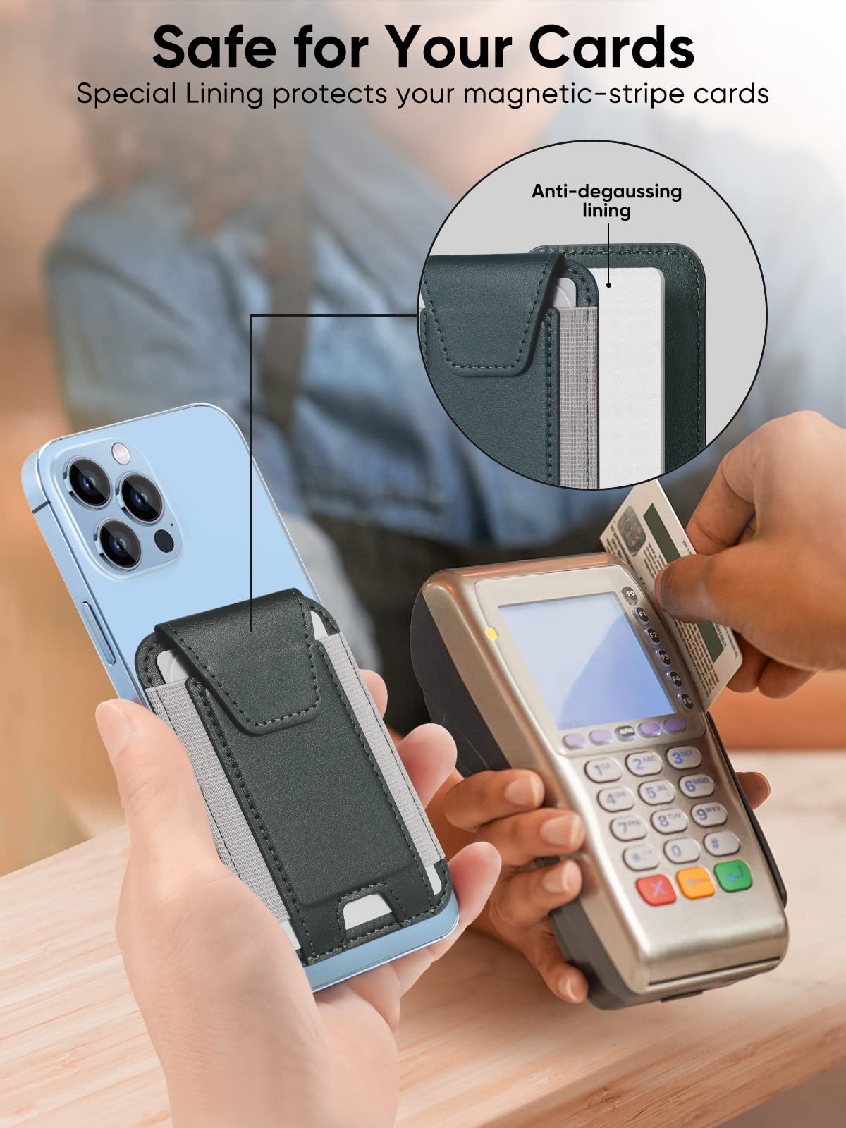 Miroddi Miroddi MagSafe Wallet with Privacy Flap Leather Card Holder for iPhone 15 14 13 12 Models RFID Blocking Fits 7 Cards Green - View 6 of 7