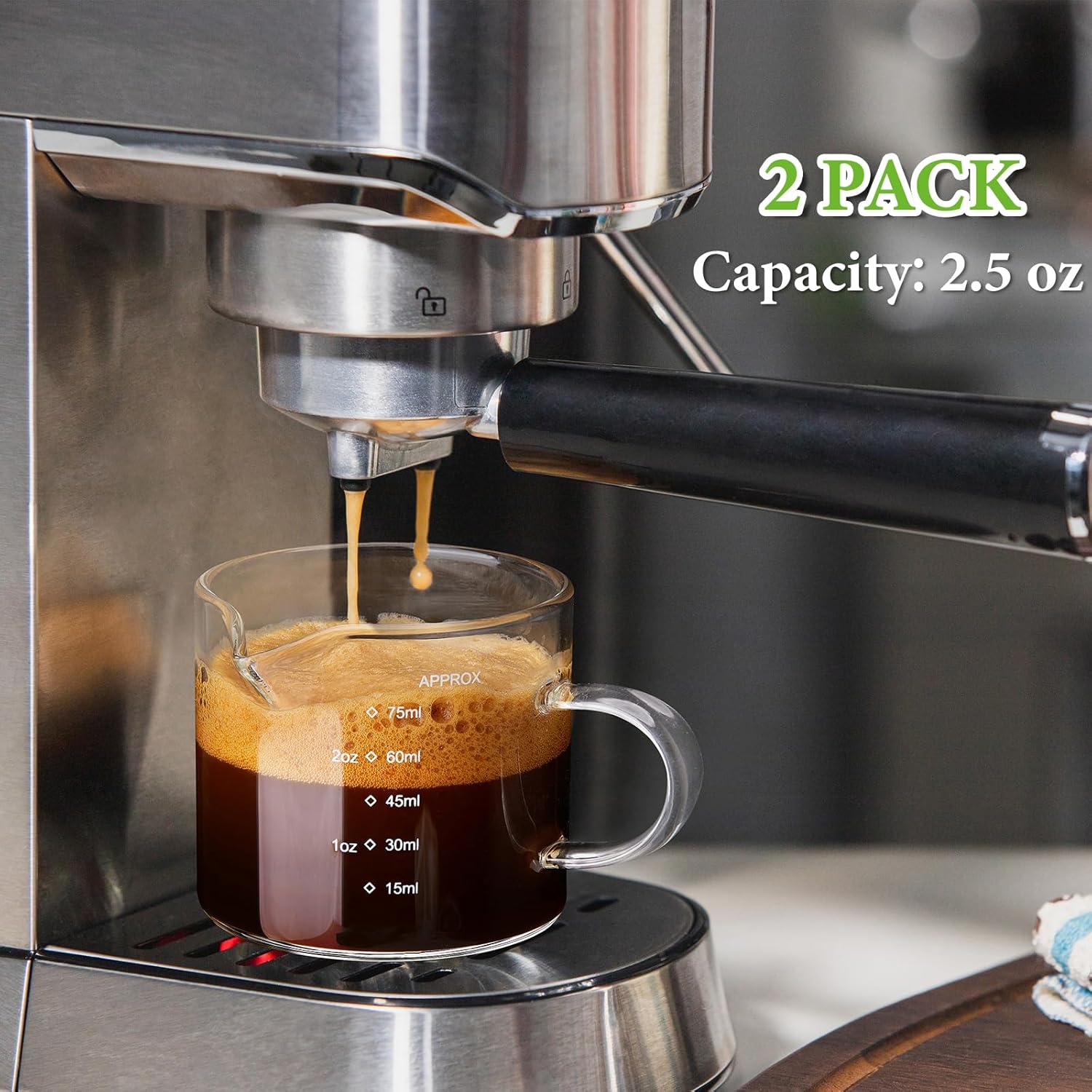 Mfacoy Mfacoy 2 Pack Measuring Cups 75ML Espresso Cups with Handle Clear Accessories for Milk Frothing and Espresso Shot Glasses - View 3 of 7