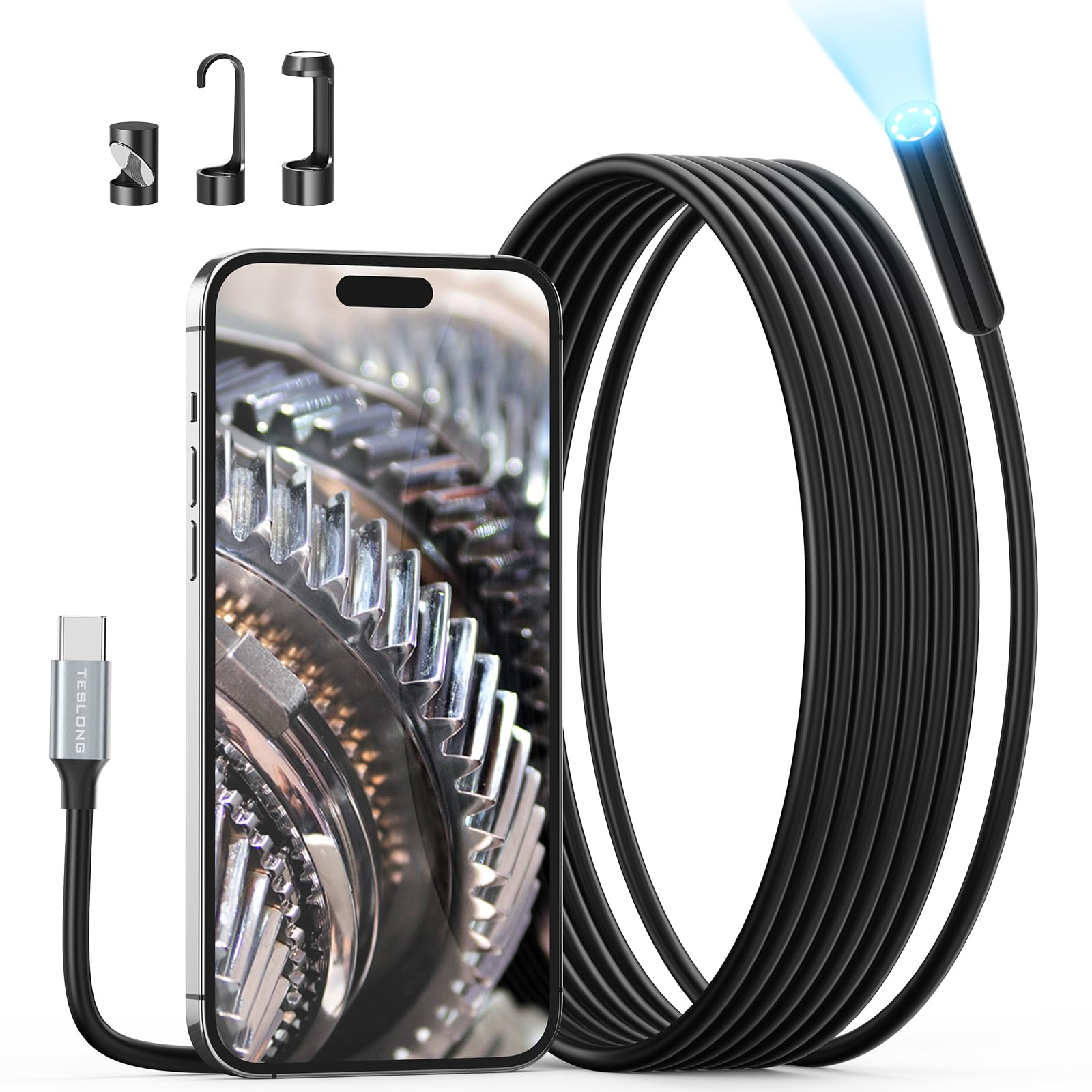 USB C Endoscope Camera with Light, Teslong Type-C Snake Borescope Camera with 8 LED Lights, 10FT Flexible Waterproof Inspection Cam, Fiber Optic