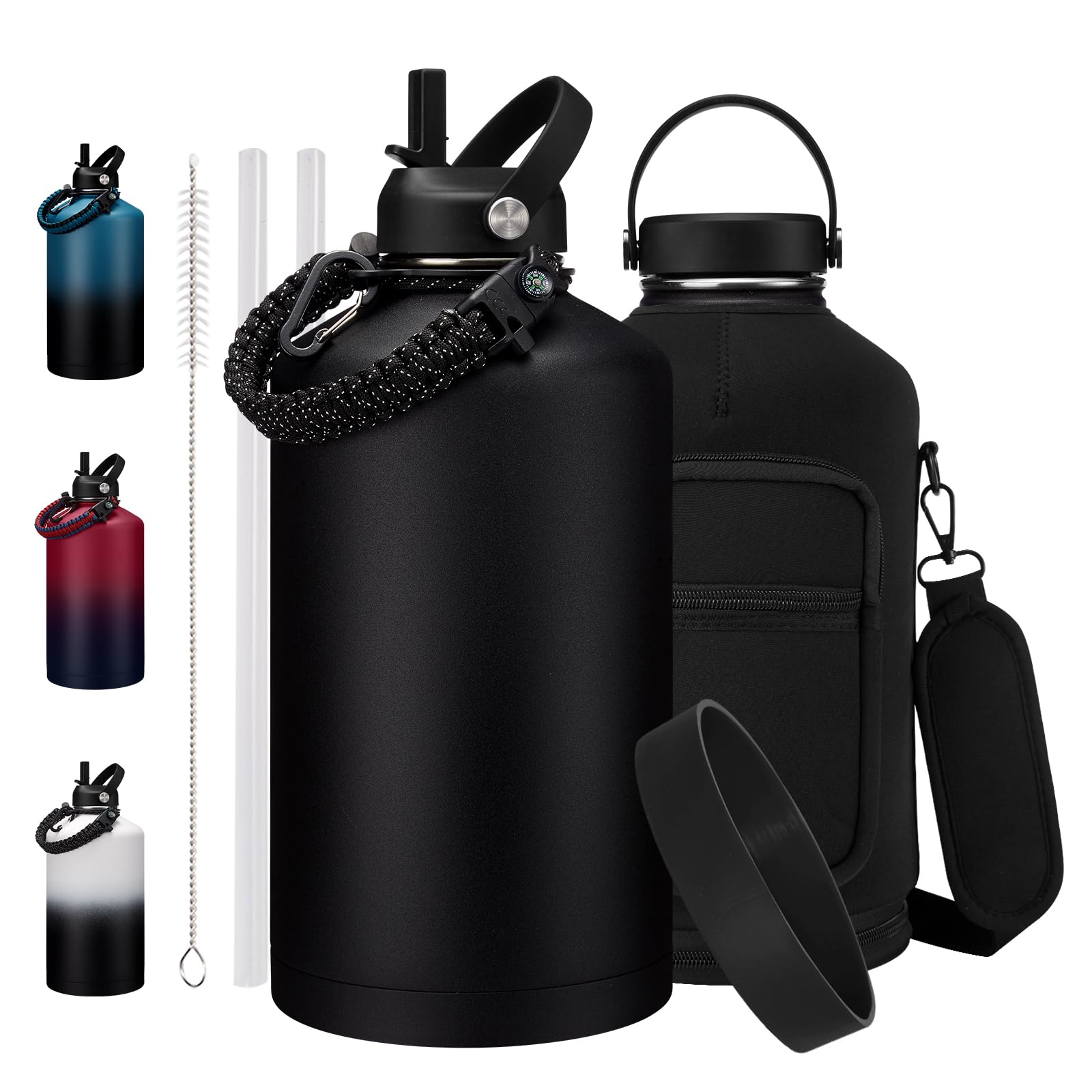 64 OZ Insulated Water Bottles with Straw - Waterbottle Carrier with Strap, Protective Boot and Paracord Handle, Stainless Steel Water Flask Canteen