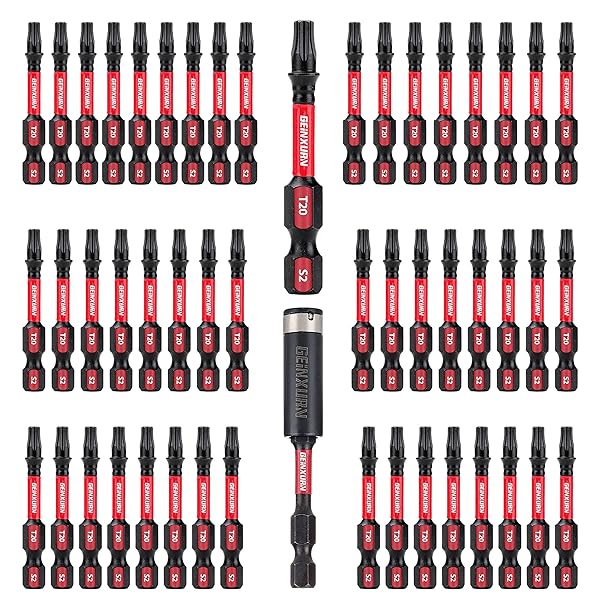 GEINXURN GEINXURN 50 Pieces T20 2 Inch Impact Tough Magnetic Torx Head Power Bits Set S2 Alloy Steel with Impact Bit Holder