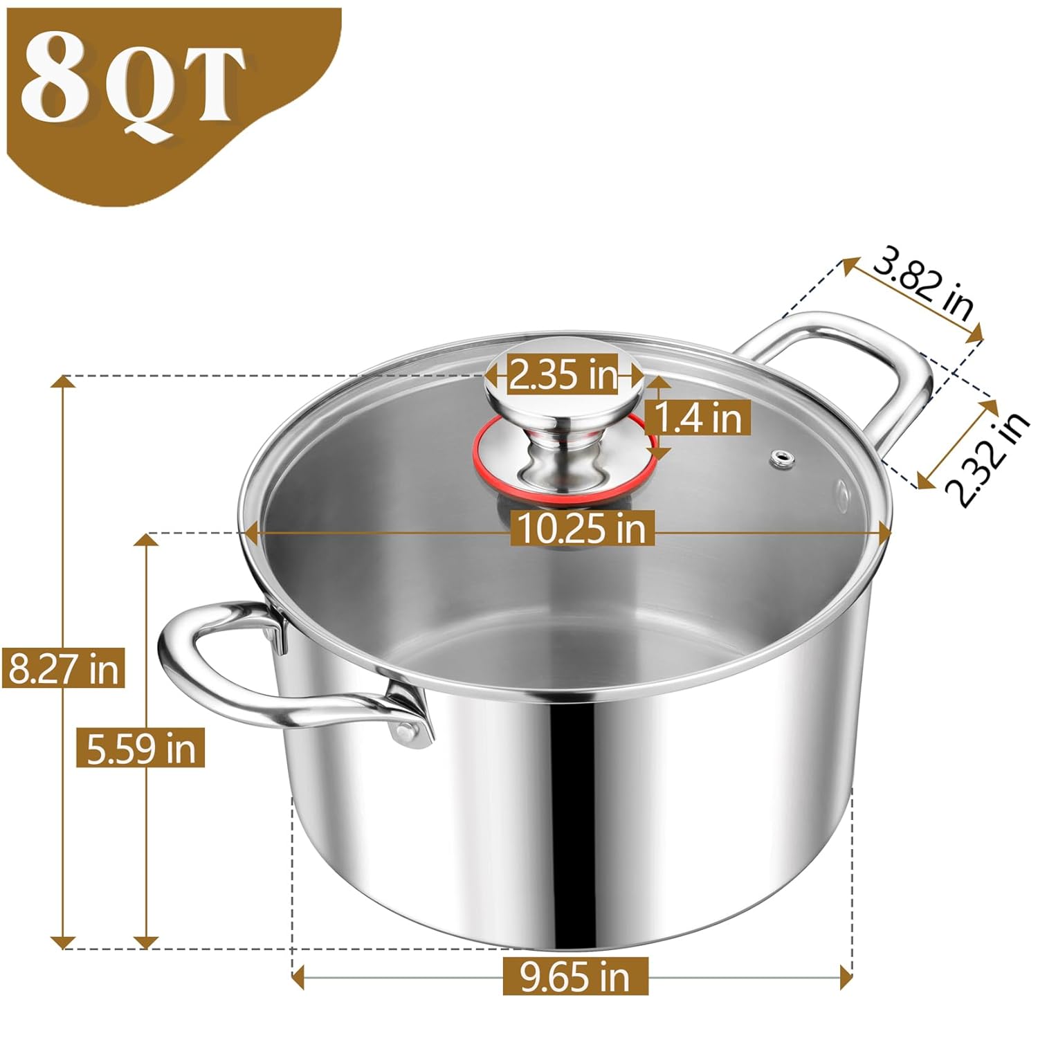 P&P CHEF P&P CHEF Tri-Ply Stainless Steel Stockpot 8 Quarts with Visible Lid for Soup Pasta and Vegetables Induction Compatible Dishwasher Safe - View 2 of 7
