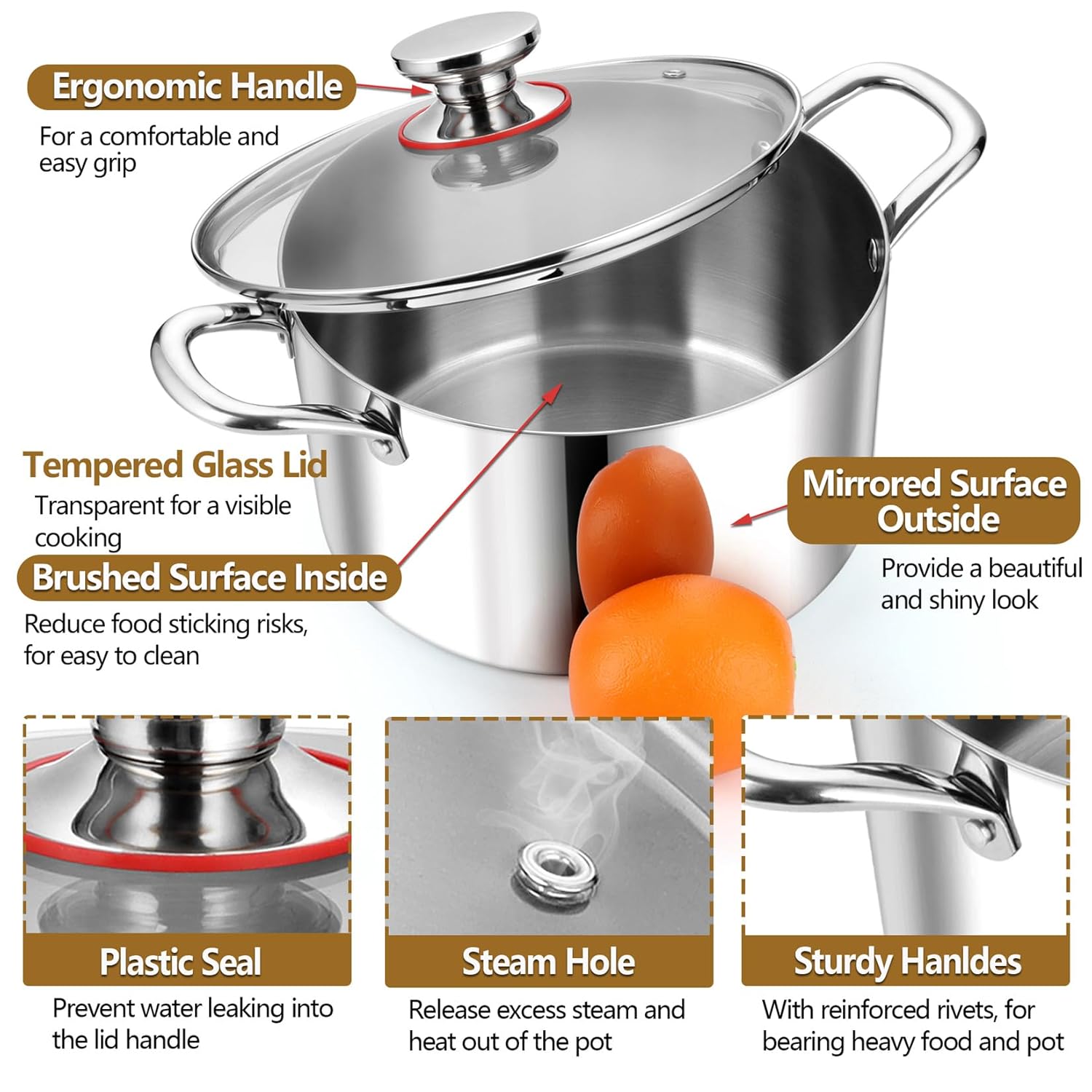 P&P CHEF P&P CHEF Tri-Ply Stainless Steel Stockpot 8 Quarts with Visible Lid for Soup Pasta and Vegetables Induction Compatible Dishwasher Safe - View 3 of 7