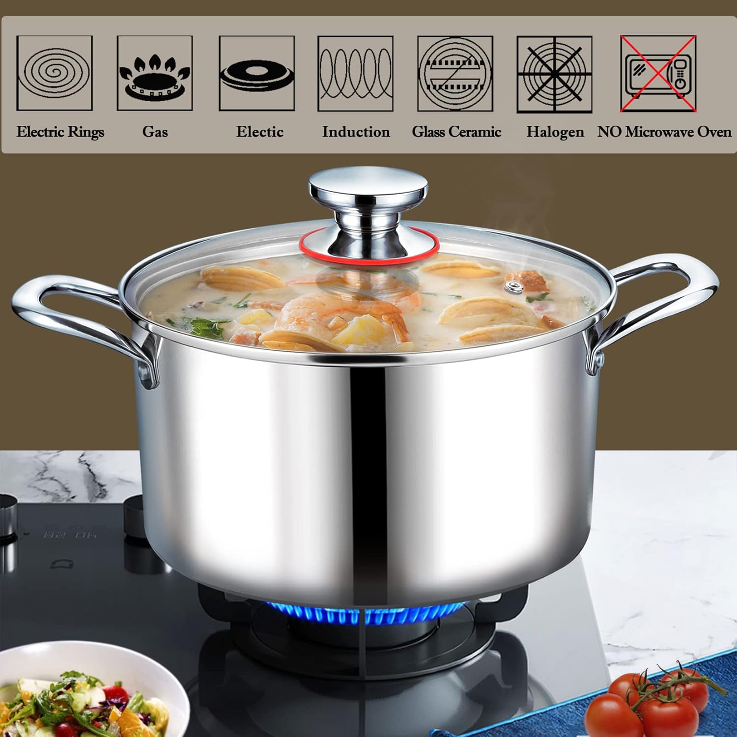 P&P CHEF P&P CHEF Tri-Ply Stainless Steel Stockpot 8 Quarts with Visible Lid for Soup Pasta and Vegetables Induction Compatible Dishwasher Safe - View 5 of 7