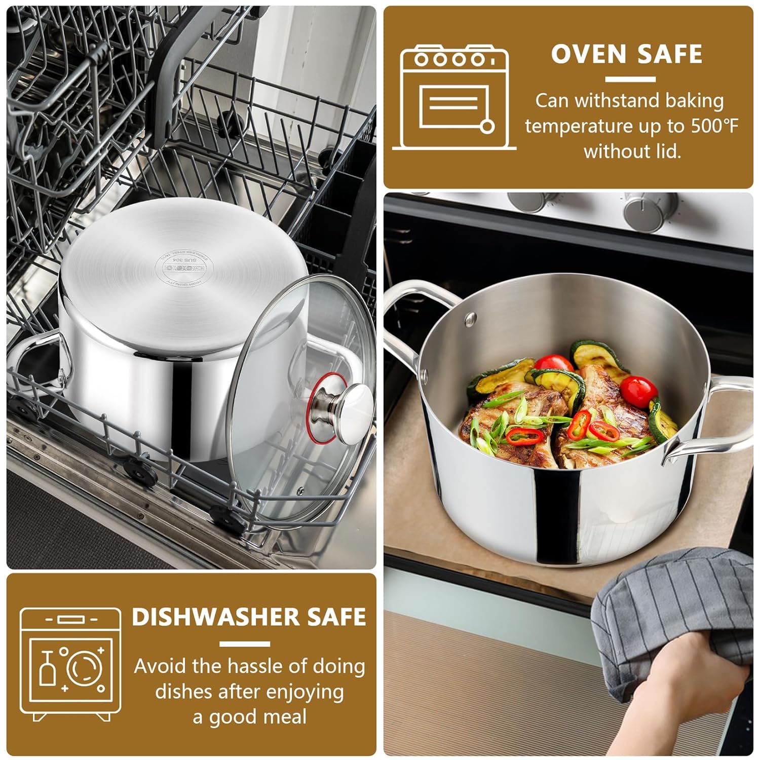 P&P CHEF P&P CHEF Tri-Ply Stainless Steel Stockpot 8 Quarts with Visible Lid for Soup Pasta and Vegetables Induction Compatible Dishwasher Safe - View 7 of 7