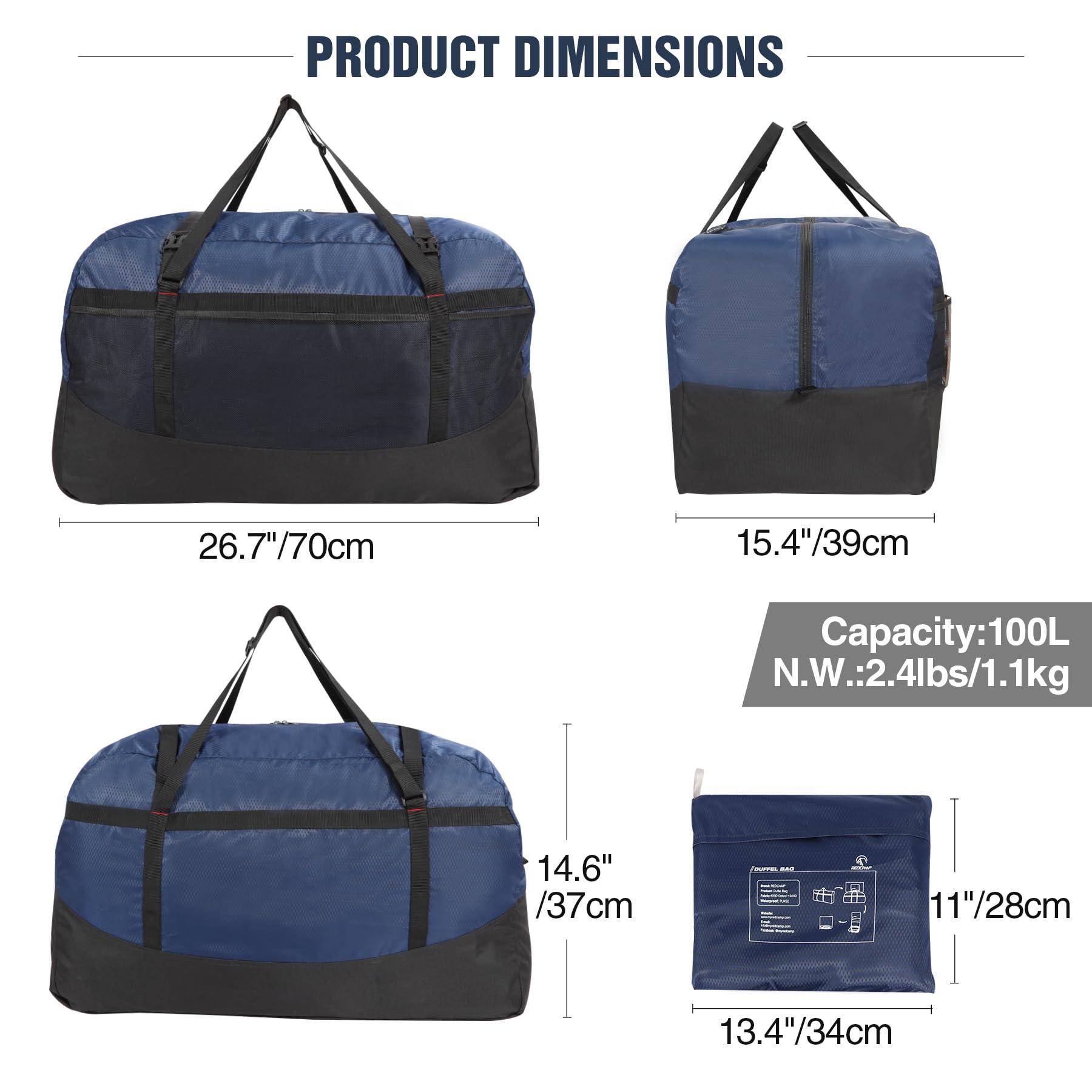 REDCAMP Extra Large Duffle Bag Lightweight, Double Layer 400D Oxford Fabric 100L Foldable Waterproof Travel Duffel Bag for Men Women, Blue - View 2 of 9