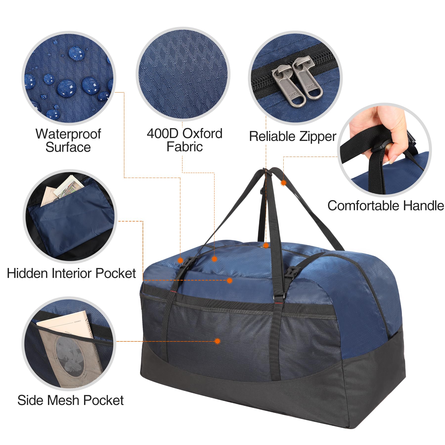 REDCAMP Extra Large Duffle Bag Lightweight, Double Layer 400D Oxford Fabric 100L Foldable Waterproof Travel Duffel Bag for Men Women, Blue - View 3 of 9